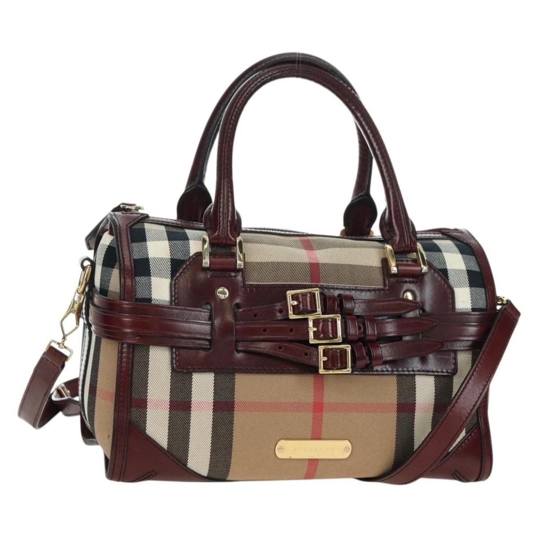 Burberry beige canvas Boston bag Nova Check with strap: Burberry beige canvas Boston bag Nova Check with strap This Burberry Boston bag features the iconic Nova Check pattern in beige and gold canvas. Designed for versatility, it can be carried by hand or 
