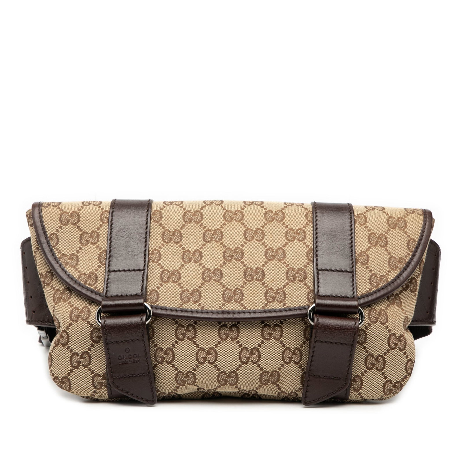 Brown GG Canvas Belt Bag with Leather Trim by Gucci: Brown GG Canvas Belt Bag with Leather Trim by Gucci This Gucci GG Canvas Belt Bag features a brown canvas body with leather trim and an adjustable flat canvas waist strap with a buckle closure. It is 