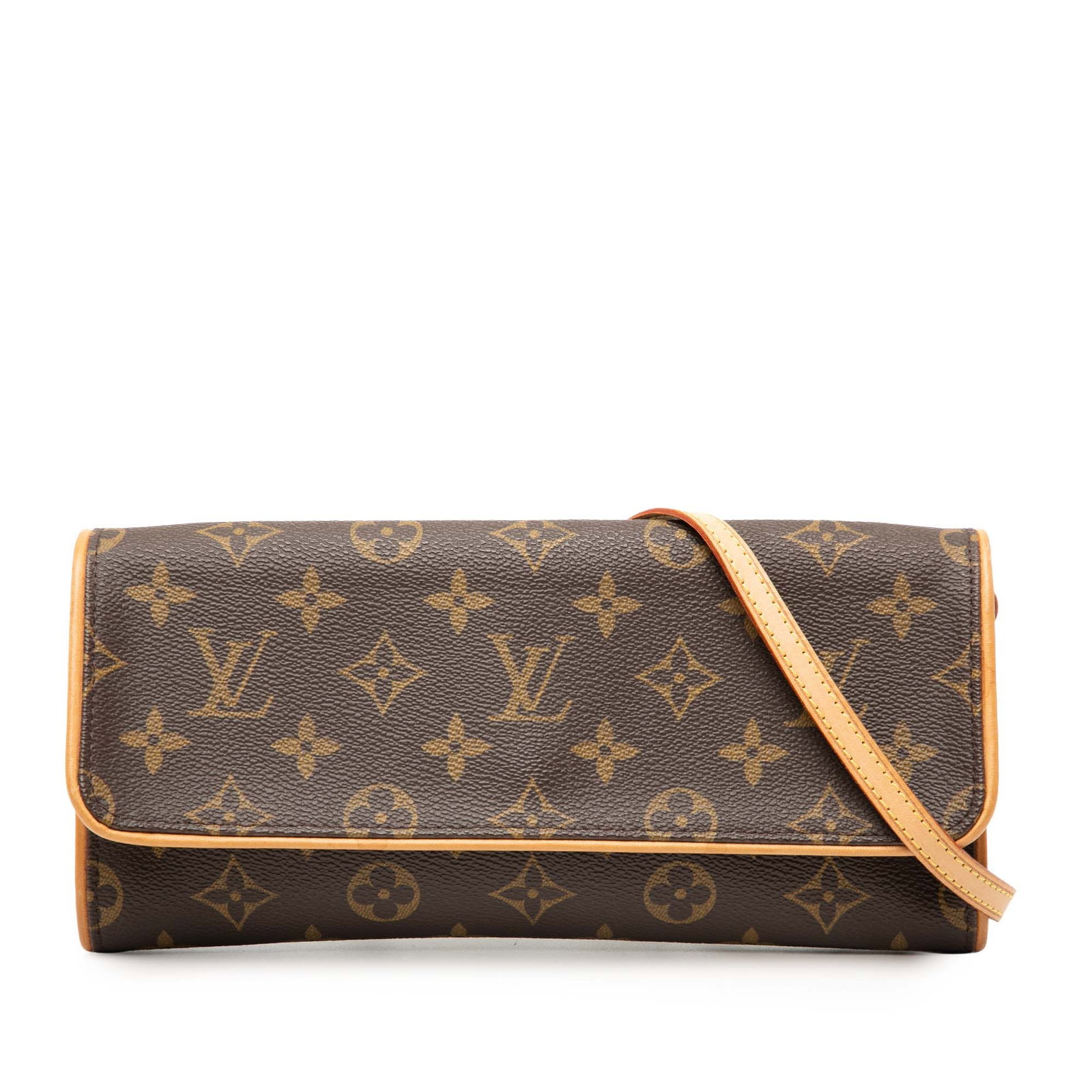 Louis Vuitton Twin GM Monogram Canvas Shoulder Bag with Vachetta Leather Trim: Louis Vuitton Twin GM Monogram Canvas Shoulder Bag with Vachetta Leather Trim The Louis Vuitton Monogram Pochette Twin GM features a monogram canvas exterior with vachetta leather trim and a flat vach