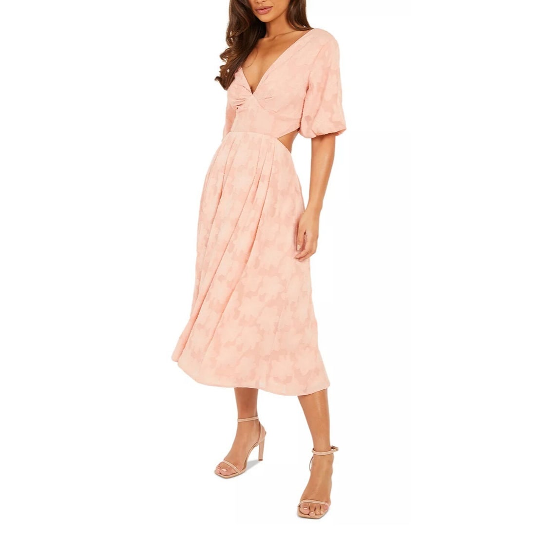 QUIZ Women's Orange Jacquard Midi Dress with Puff Sleeves and Cutout Size 16W (1 of 3)