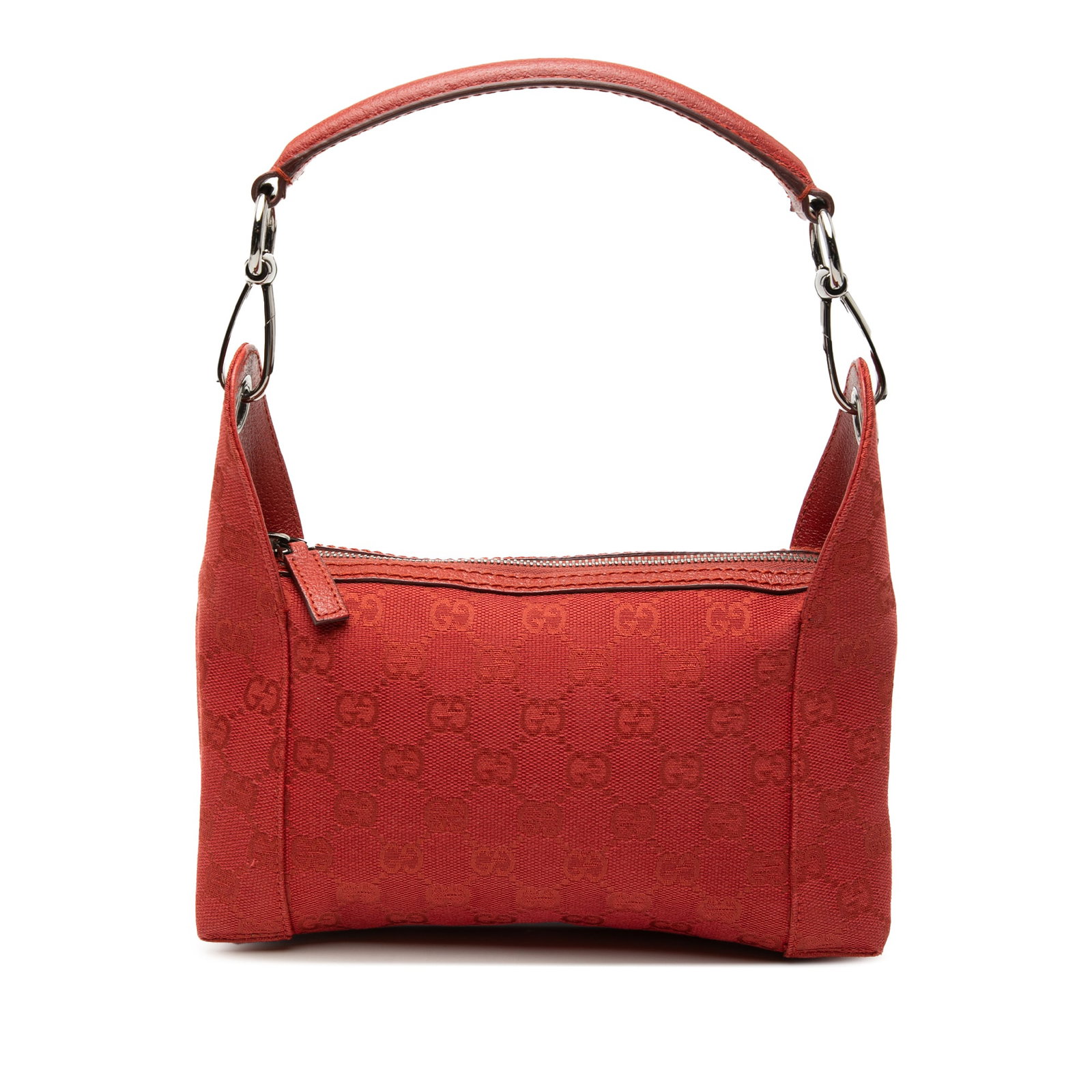 Red GG Canvas Shoulder Bag with Leather Trim by Gucci: Red GG Canvas Shoulder Bag with Leather Trim by Gucci This Gucci GG Canvas Shoulder Bag features a canvas body with leather trim, a flat leather strap, a top zip closure, and an interior zip pocket. T