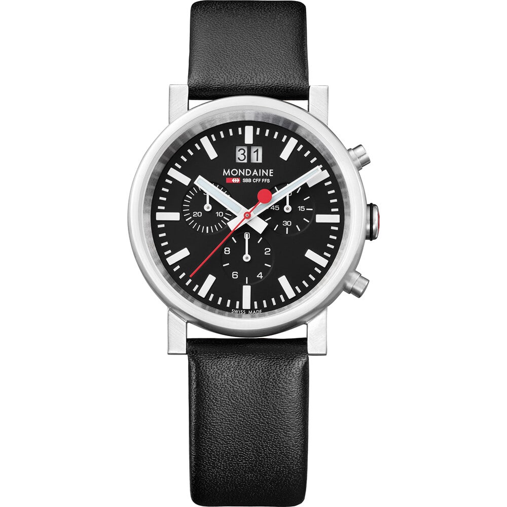 Mondaine Evo Big Steel Quartz Chronograph Black Dial Men's Watch A690.30304.14SBB: Mondaine Evo Big Steel Quartz Chronograph Black Dial Men's Watch A690.30304.14SBB Introducing the Mondaine Evo Big Steel Chronograph, a sophisticated men's quartz wristwatch designed for the modern ge
