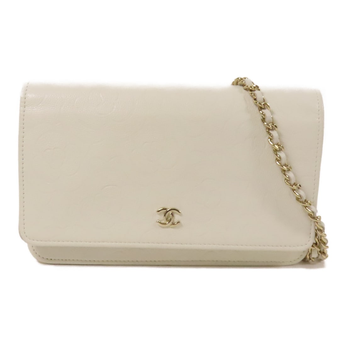 CHANEL Wallet On Chain WOC Calfskin Leather White GHW: CHANEL Wallet On Chain WOC Calfskin Leather White GHW This exquisite CHANEL Wallet On Chain (WOC) is crafted from premium calfskin leather in a stunning white hue. The elegant shoulder bag features a 