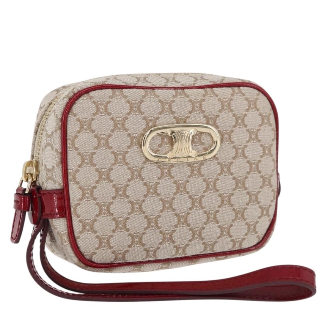 CELINE Macadam Canvas Beige Gold Pouch Italy: CELINE Macadam Canvas Beige Gold Pouch Italy This CELINE Macadam Canvas pouch features a beige and gold exterior, crafted from signature Macadam canvas. The compact design offers a practical accessory