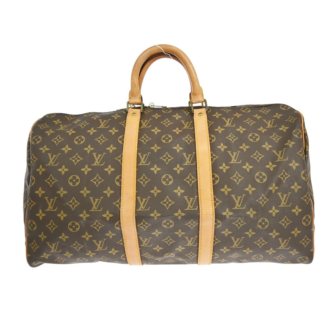 Keepall Travel Bag by Louis Vuitton in Brown Monogram Canvas: Keepall Travel Bag by Louis Vuitton in Brown Monogram Canvas This is a Louis Vuitton Keepall bag crafted from the signature monogram canvas in brown. Designed for unisex use, the bag features leather 