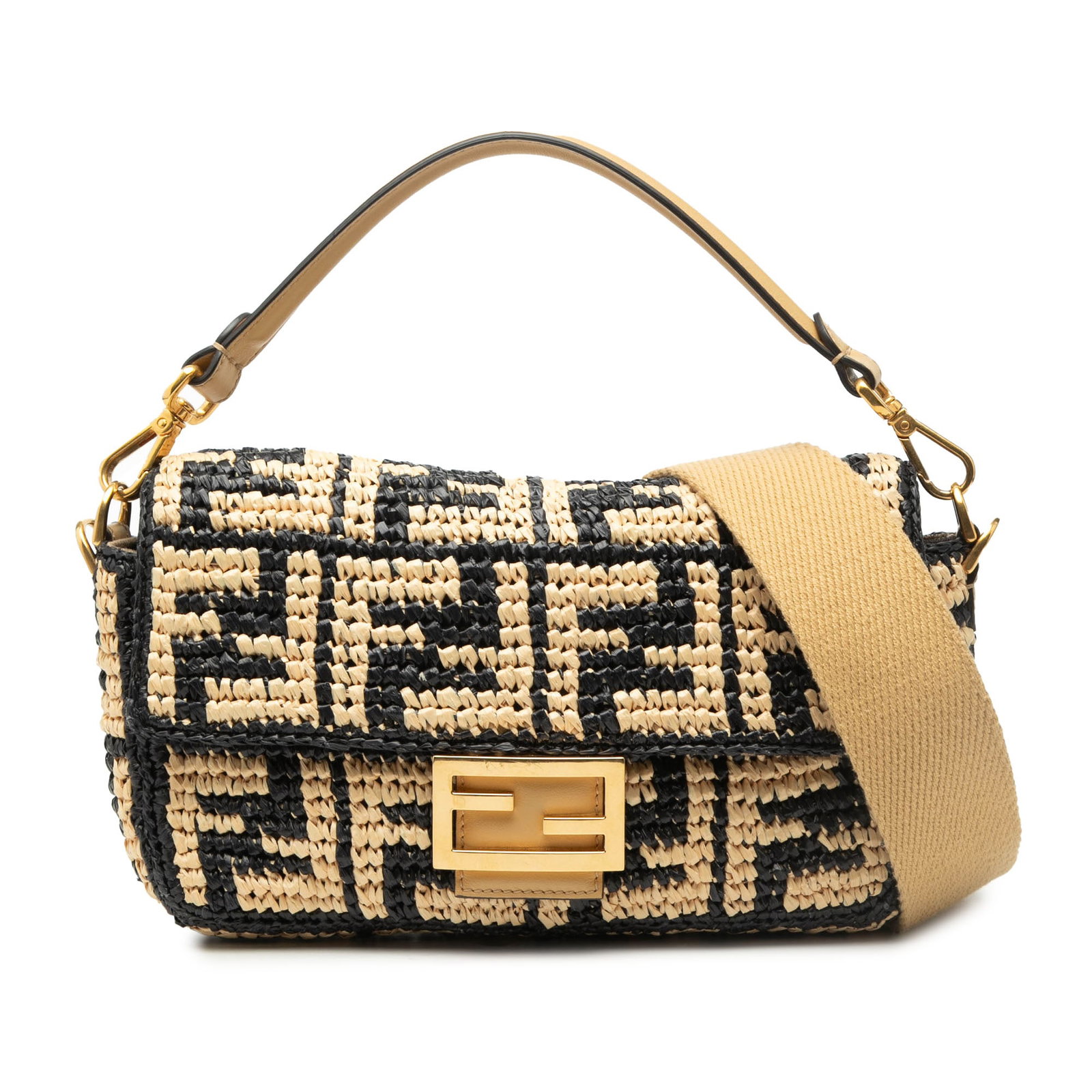 Fendi Zucca Woven Raffia Baguette Bag with Leather Strap: Fendi Zucca Woven Raffia Baguette Bag with Leather Strap This Fendi Zucca Raffia Baguette Satchel features a woven raffia body with a flat leather top handle and a detachable flat leather strap. The b