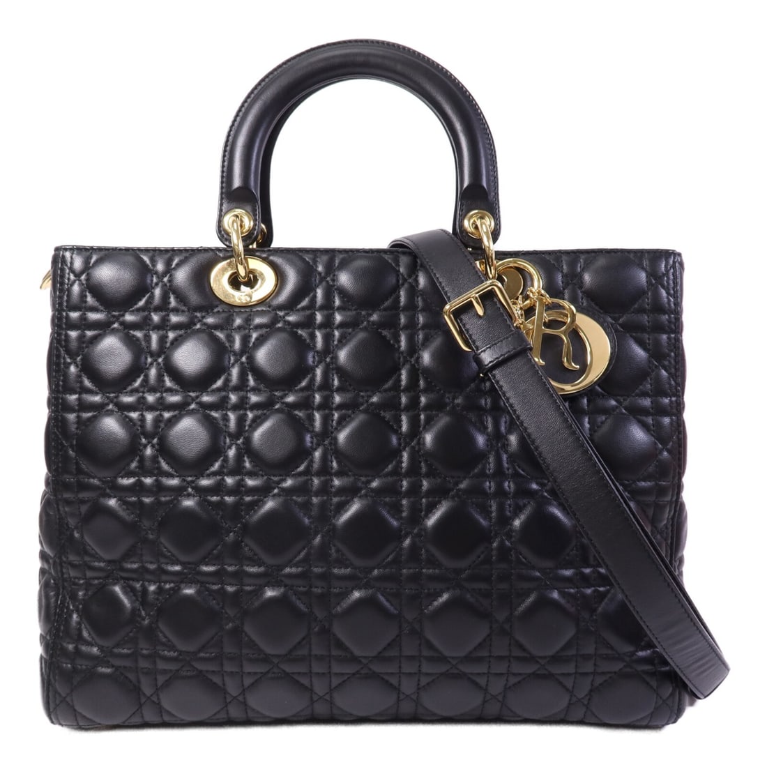 Dior Lady Dior GM Black Lambskin 2 Way Shoulder Bag GHW: Dior Lady Dior GM Black Lambskin 2 Way Shoulder Bag GHW This Christian Dior Lady Dior GM 2-way shoulder bag is crafted from luxurious black lambskin leather. Designed for versatility, it can be carrie