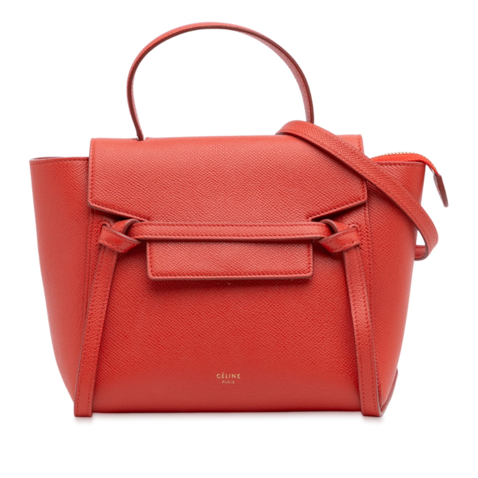 Celine Nano Grained Calfskin Belt Bag in Red Leather: Celine Nano Grained Calfskin Belt Bag in Red Leather Introducing the Celine Nano Grained Calfskin Belt Bag, a stylish accessory crafted from premium leather. This beautifully designed bag features a f