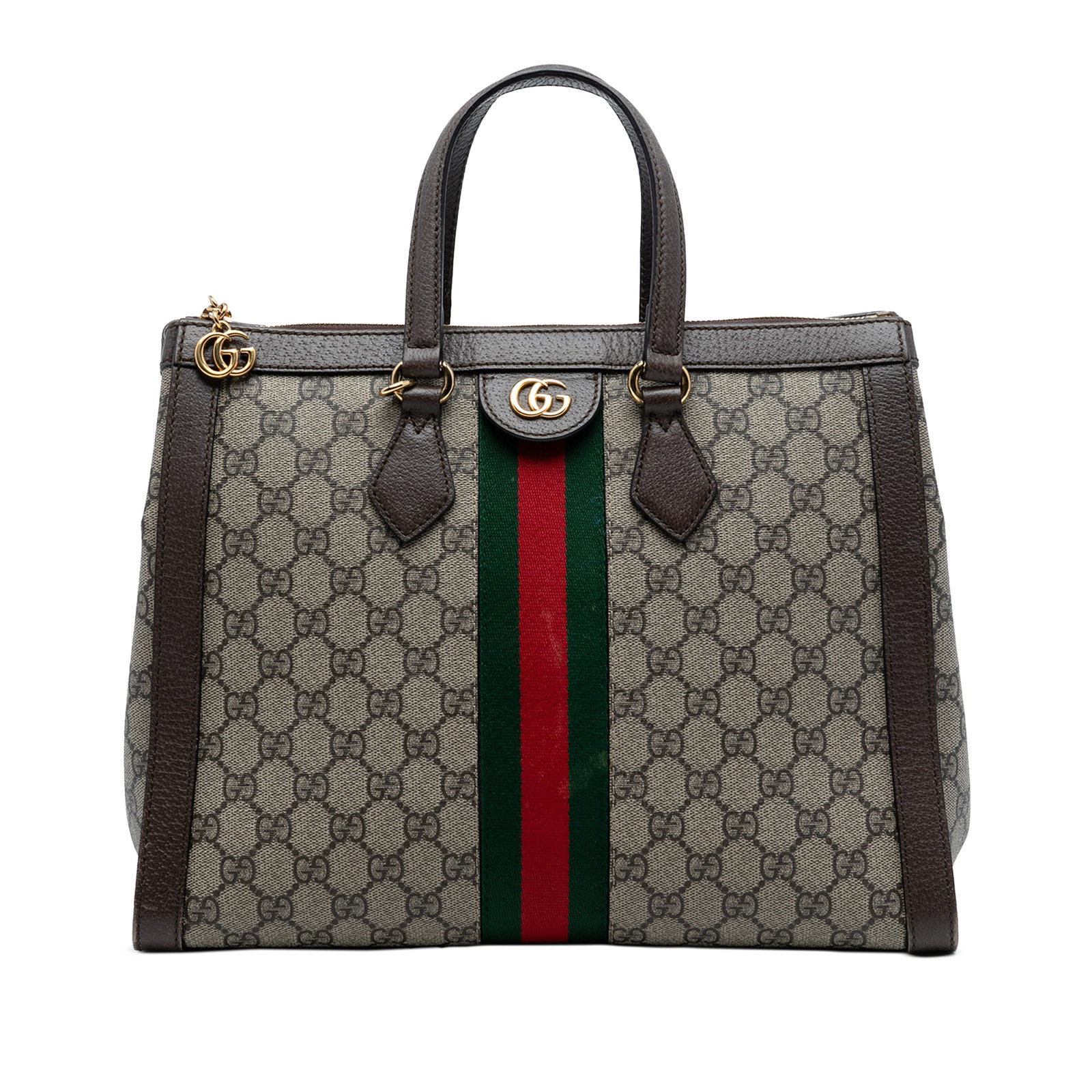 GG Supreme Ophidia coated canvas satchel with leather trim and web detail: GG Supreme Ophidia coated canvas satchel with leather trim and web detail The Gucci GG Supreme Ophidia Satchel features a coated canvas body with signature web detail and leather trim. It has flat lea