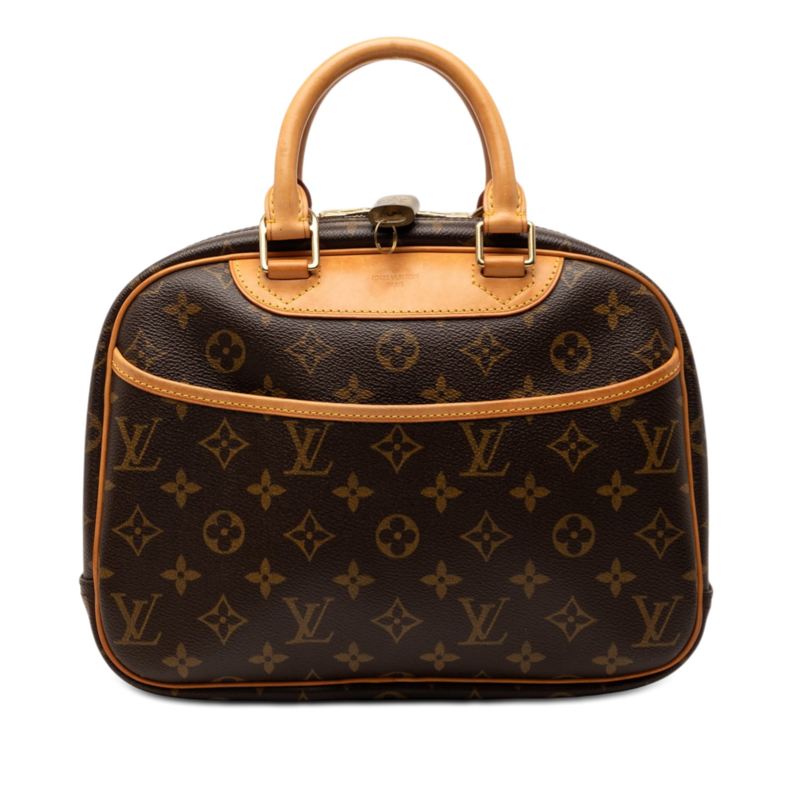 Louis Vuitton Trouville Brown Monogram Canvas Bag with Leather Trim: Louis Vuitton Trouville Brown Monogram Canvas Bag with Leather Trim The Louis Vuitton Monogram Trouville bag features the iconic monogram canvas accented by vachetta leather trim and rolled handles. I