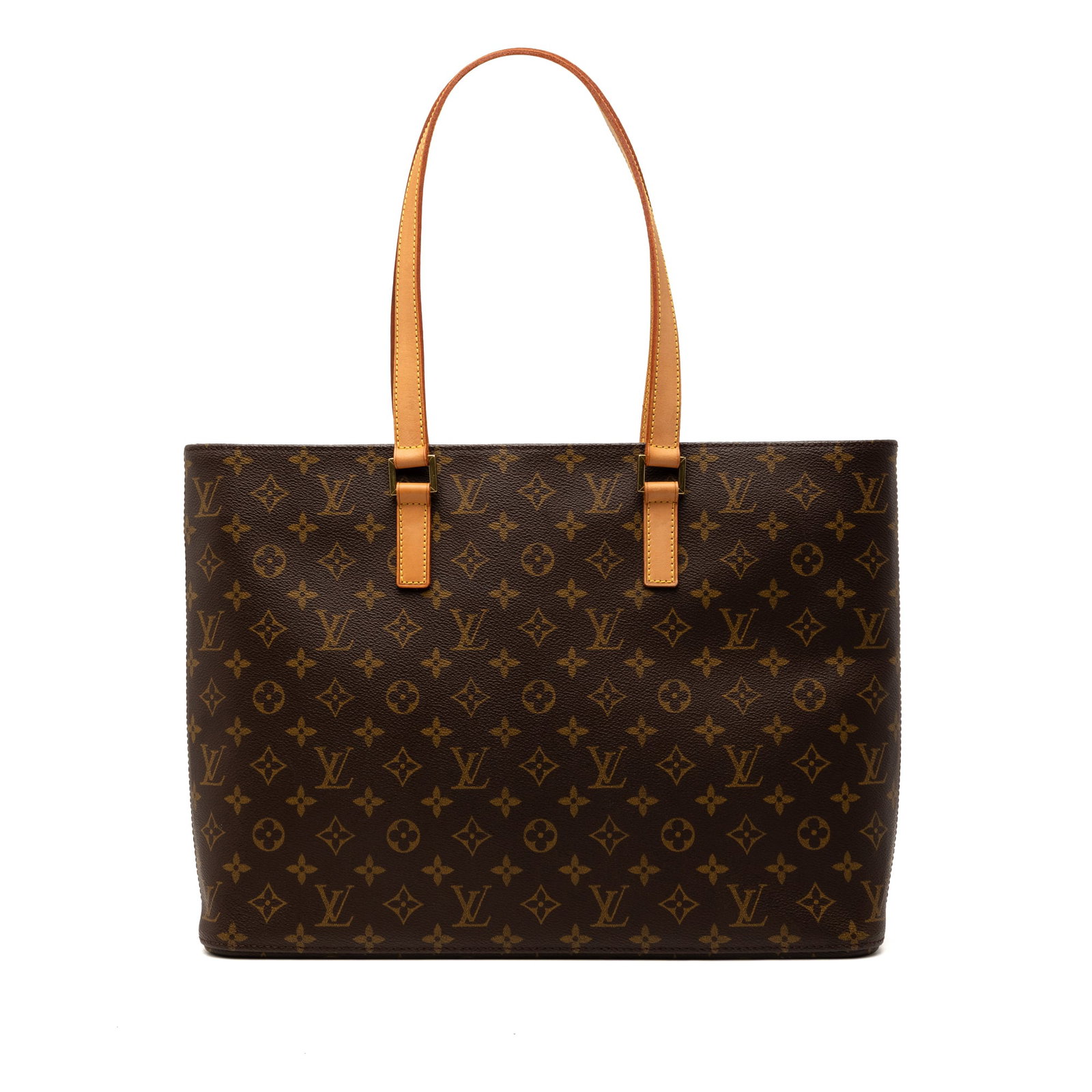 Monogram Canvas Luco Tote with Leather Handles by Louis Vuitton: Monogram Canvas Luco Tote with Leather Handles by Louis Vuitton The Louis Vuitton Monogram Luco is a brown tote bag crafted from monogram canvas with flat vachetta leather straps. It features a top