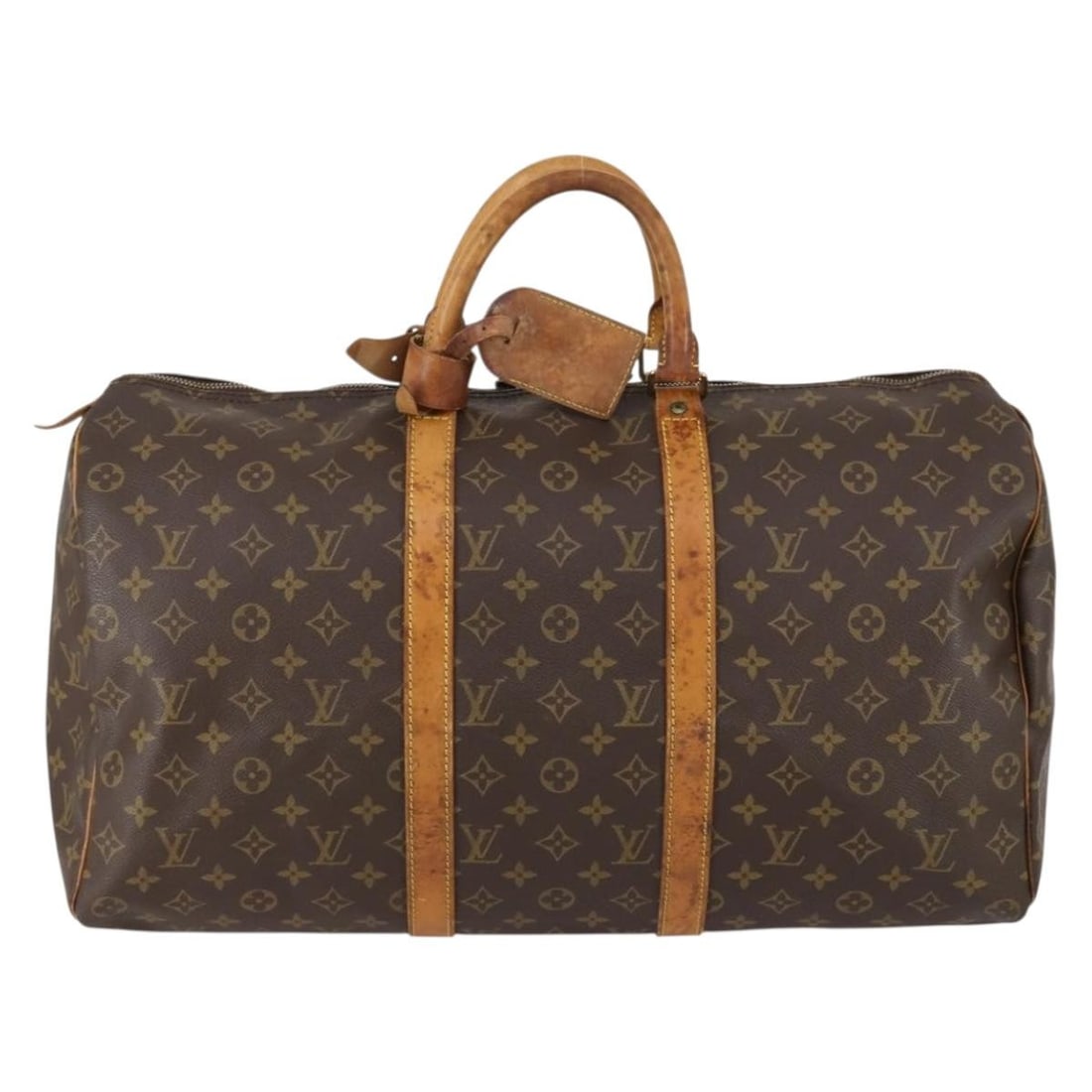 Unisex Louis Vuitton Keepall 50 Brown Canvas Travel Bag: Unisex Louis Vuitton Keepall 50 Brown Canvas Travel Bag This pre-owned Louis Vuitton Keepall 50 Boston bag features the iconic monogram canvas in brown, designed for unisex use. The bag shows general 