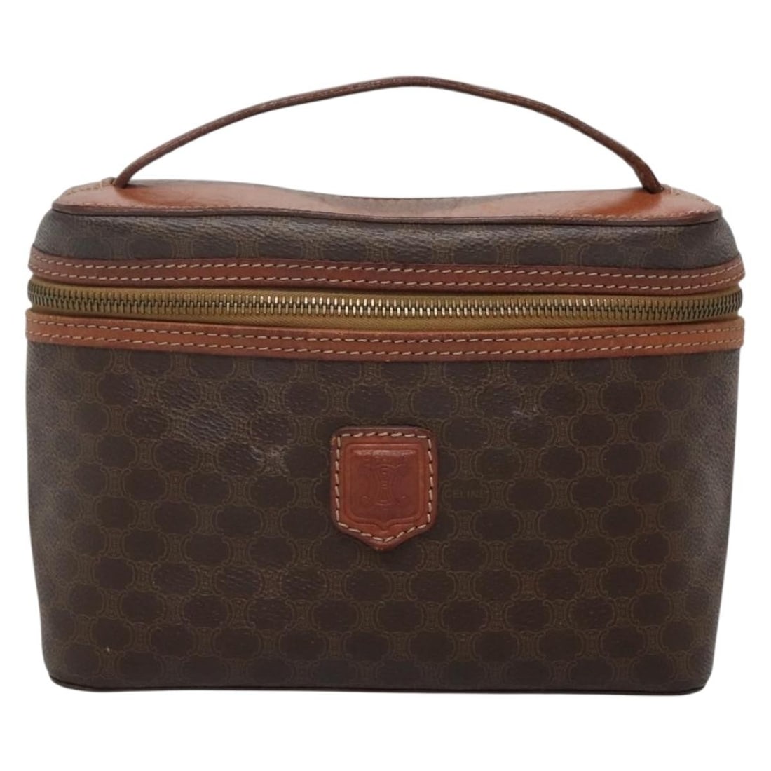 Celine Macadam Brown Vanity Bag PVC 21cm Italy: Celine Macadam Brown Vanity Bag PVC 21cm Italy This Celine Macadam Vanity Bag is crafted from durable brown PVC with the signature Macadam pattern, designed for women. Made in Italy, it features a spa