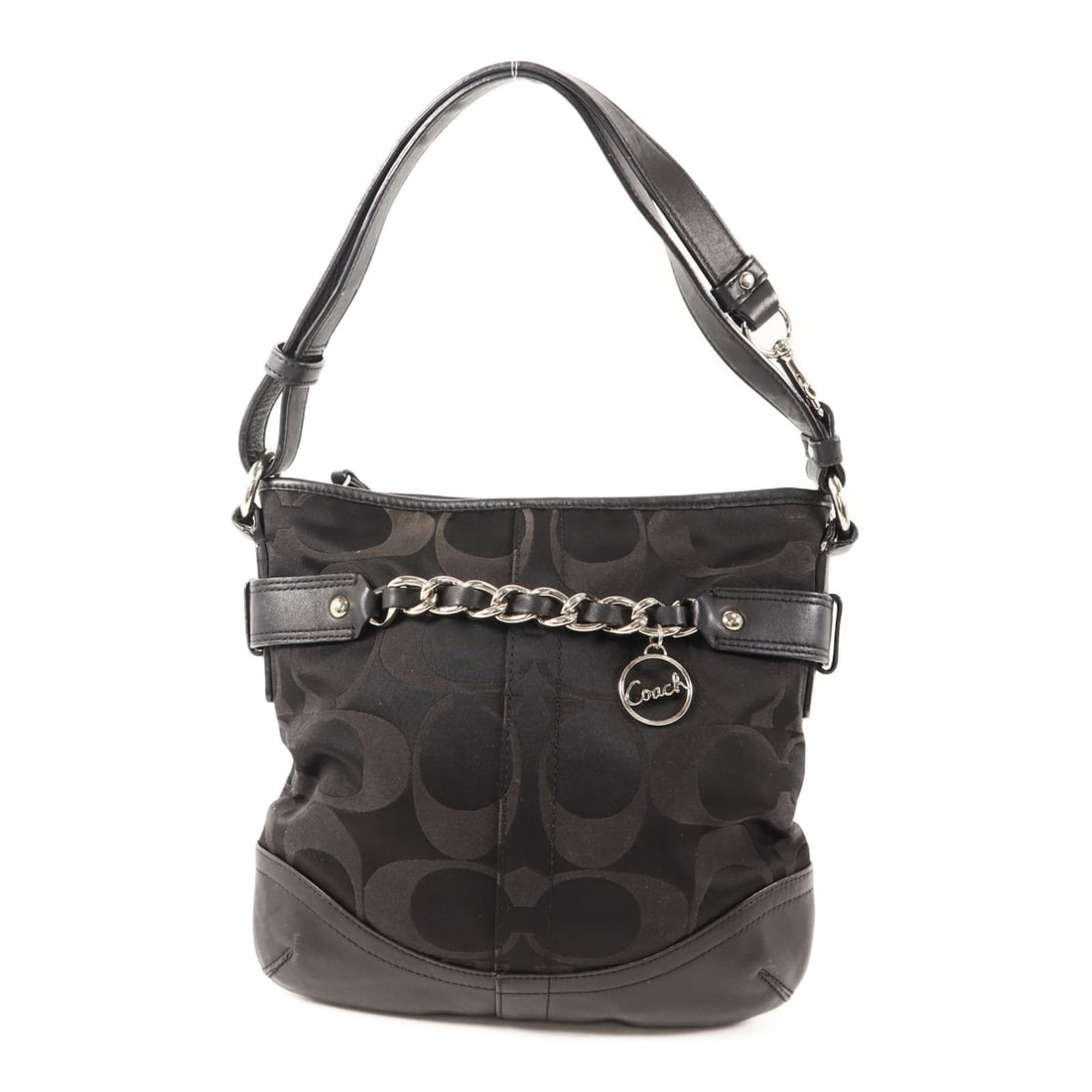 Coach Optic Signature Canvas Shoulder Purse with Silver Hardware Black: Coach Optic Signature Canvas Shoulder Purse with Silver Hardware Black This COACH Signature Optic Chain Shoulder Bag features a black canvas exterior with a sleek, minimalist design. It is designed fo