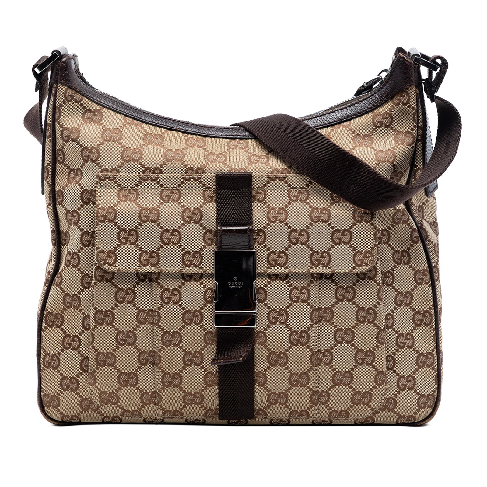 Beige GG Canvas Crossbody Bag with Leather Trim by Gucci: Beige GG Canvas Crossbody Bag with Leather Trim by Gucci This Gucci GG Canvas Crossbody bag features a beige canvas body with leather trim, an adjustable flat strap, a top zip closure, an exterior fro