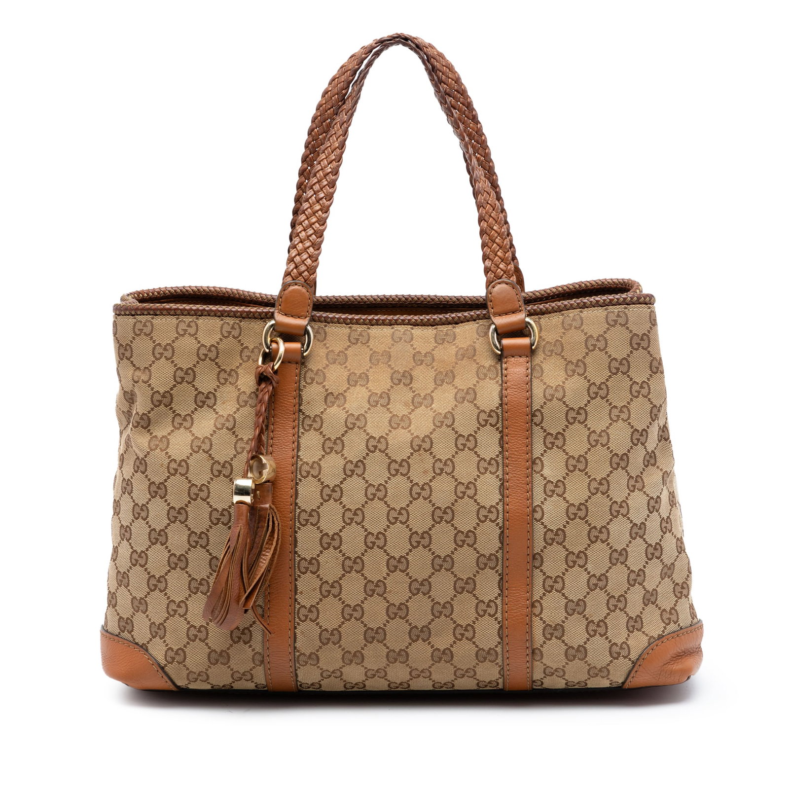 Gucci Marrakech GG Canvas Tote Bag with Leather Braided Handles: Gucci Marrakech GG Canvas Tote Bag with Leather Braided Handles The Gucci GG Canvas Marrakech Tote features a beige canvas body with leather trim and braided leather handles. It is designed with an op