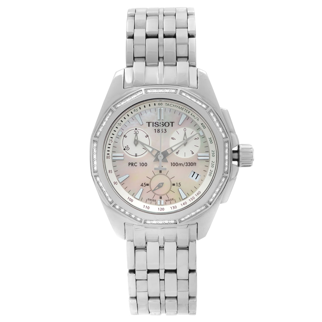 Tissot PRC 100 Ladies Quartz Watch Diamond Bezel MOP Dial with Box and Papers: Tissot PRC 100 Ladies Quartz Watch Diamond Bezel MOP Dial with Box and Papers This Tissot PRC 100 ladies watch combines elegance with functionality, featuring a stunning white mother of pearl dial acc