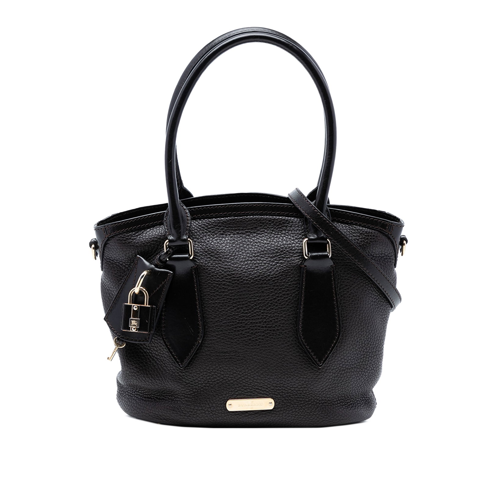 Burberry Black Leather Satchel with Adjustable Strap: Burberry Black Leather Satchel with Adjustable Strap This Burberry Grainy Calfskin Satchel features a black leather body with rolled leather handles and an adjustable, detachable flat leather strap. T