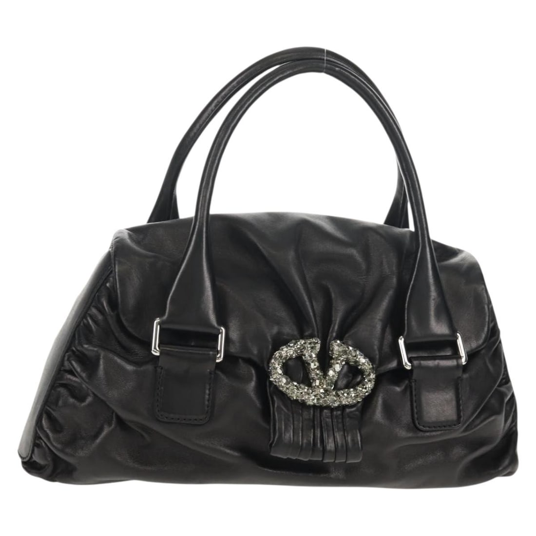 Valentino Black Leather Handbag with Silver Accents and Dust Bag: Valentino Black Leather Handbag with Silver Accents and Dust Bag This Valentino handbag features a sleek black leather exterior with silver accents, designed for women. Crafted in Italy, it offers a s
