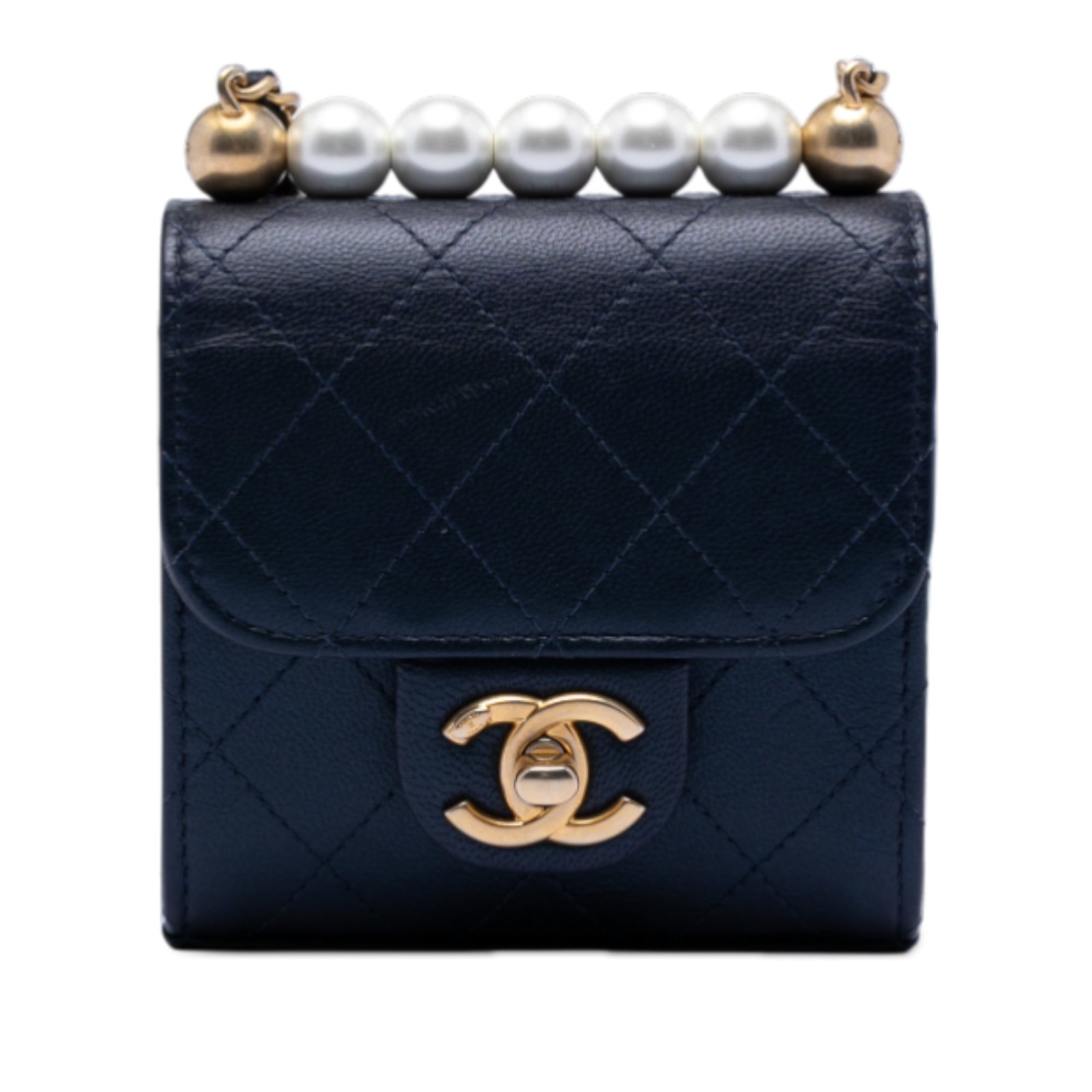 Chanel Mini Quilted Goatskin Crossbody with Faux Pearl Detail: Chanel Mini Quilted Goatskin Crossbody with Faux Pearl Detail This Chanel Mini Goatskin Chic Pearls Clutch On Chain is crafted from quilted goatskin leather in blue and showcases faux pearl detailing.