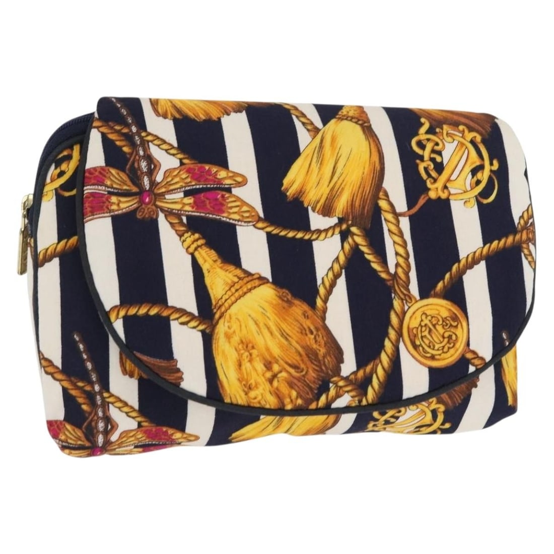 Navy and Gold Cotton Pouch by Christian Dior USA: Navy and Gold Cotton Pouch by Christian Dior USA This Christian Dior pouch is crafted from cotton and features a navy and gold exterior. The pouch offers a compact and versatile design, suitable for c