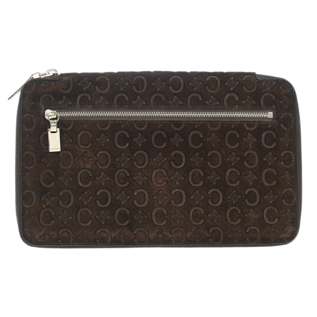 CELINE Brown Suede Macadam Pouch Wallet Clutch with Zip Closure: CELINE Brown Suede Macadam Pouch Wallet Clutch with Zip Closure Introducing the Celine Brown Suede Macadam Pouch Wallet, an elegant accessory designed for casual occasions. This small clutch features 