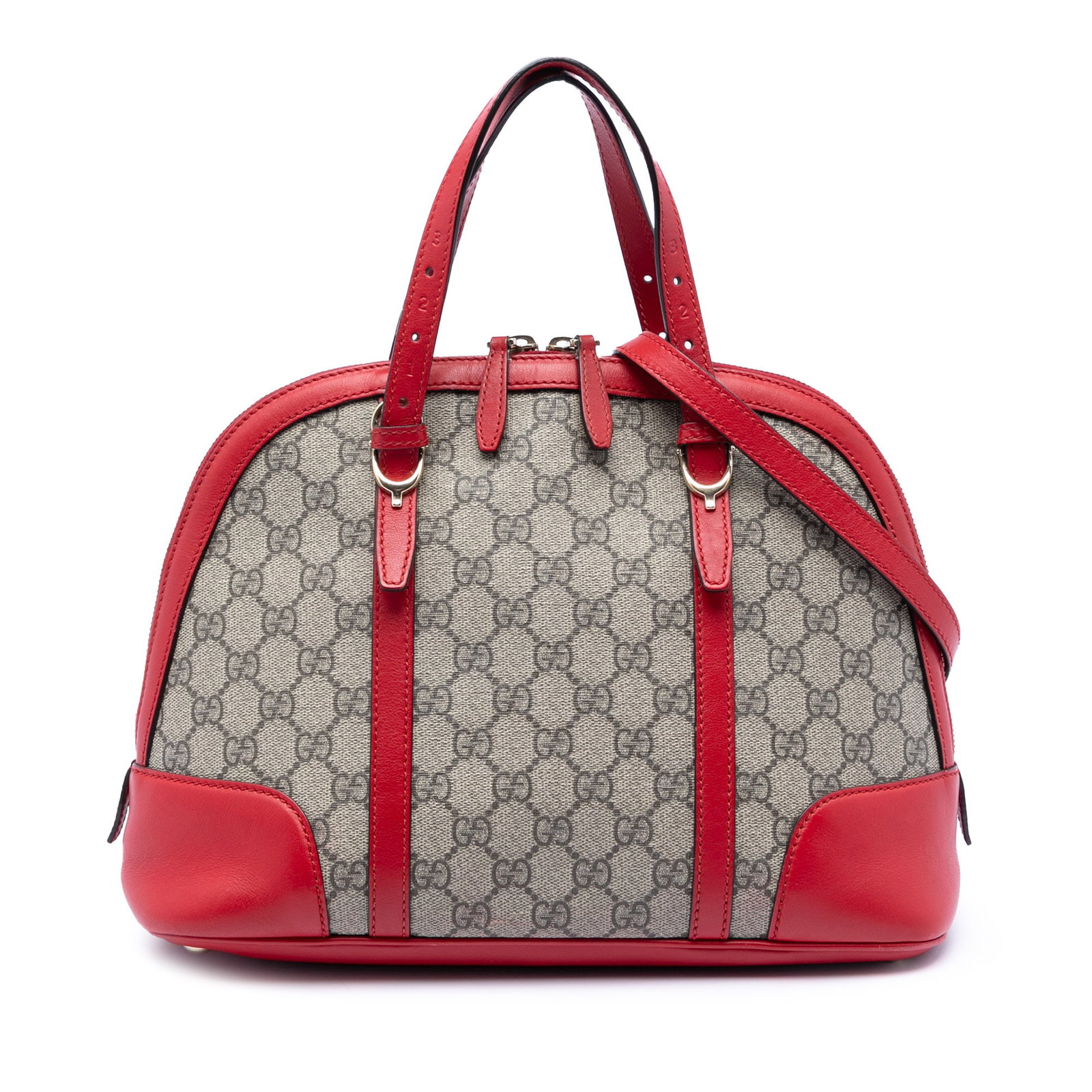 Gucci GG Supreme Nice Dome Small Canvas Satchel with Leather Trim: Gucci GG Supreme Nice Dome Small Canvas Satchel with Leather Trim This Gucci Small GG Supreme Nice Dome Satchel features a coated canvas body with leather trim, adjustable flat leather handles, a deta