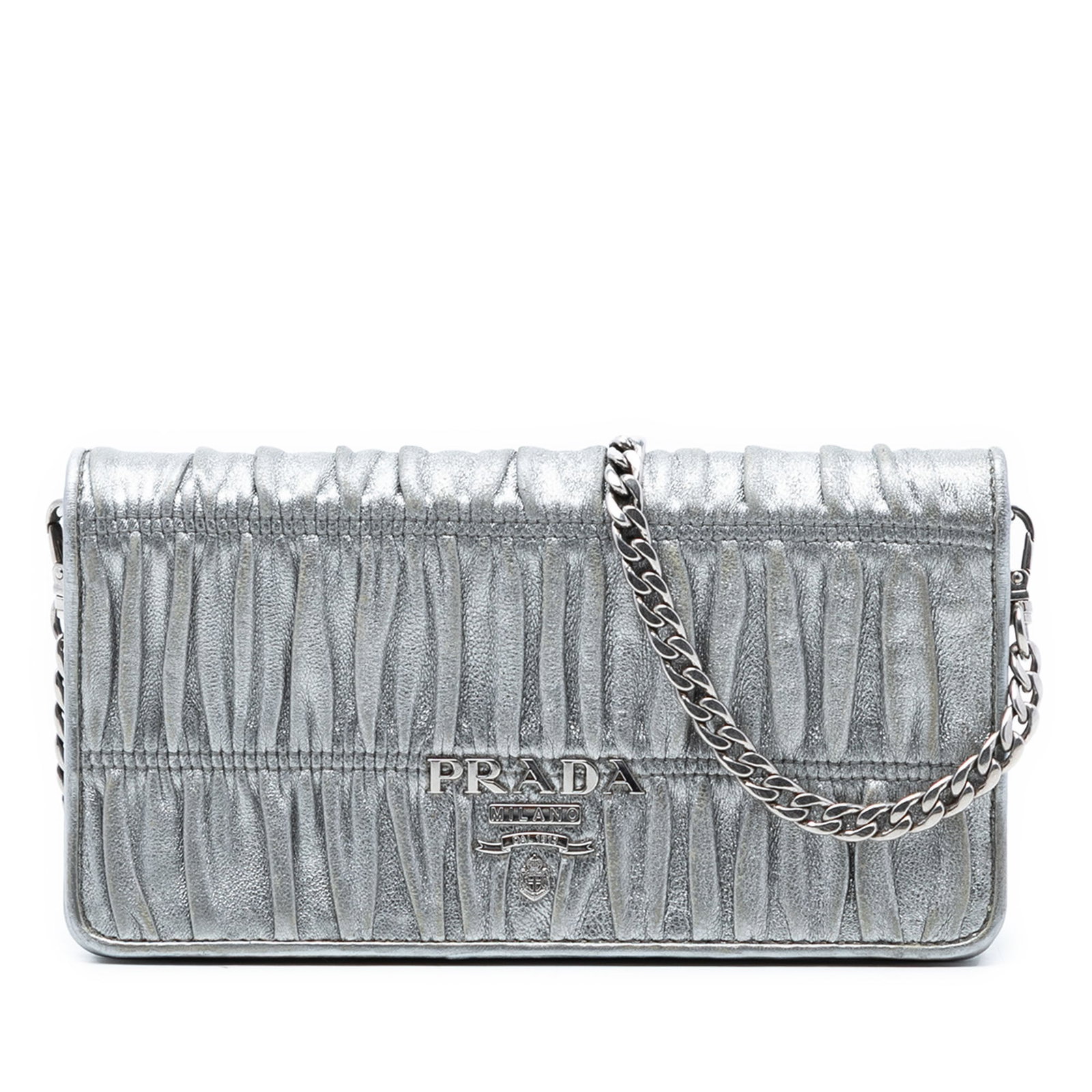 Prada Gaufre Silver Leather Chain Crossbody Wallet Bag (1 of 6)