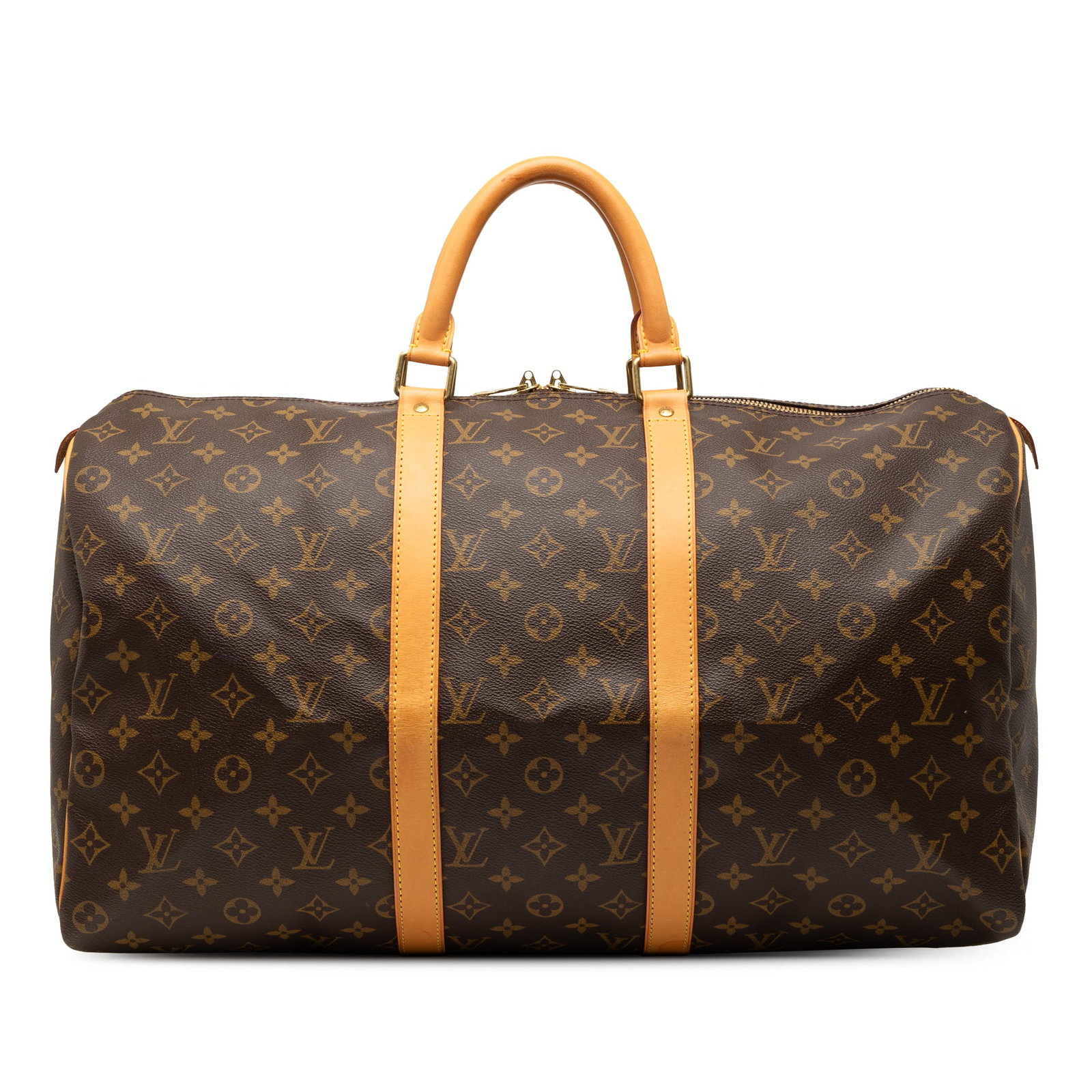 Louis Vuitton Keepall 50 Brown Monogram Canvas Travel Bag with Leather Trim: Louis Vuitton Keepall 50 Brown Monogram Canvas Travel Bag with Leather Trim This Louis Vuitton Keepall 50 features the signature monogram canvas body with vachetta leather trim and rolled vachetta lea