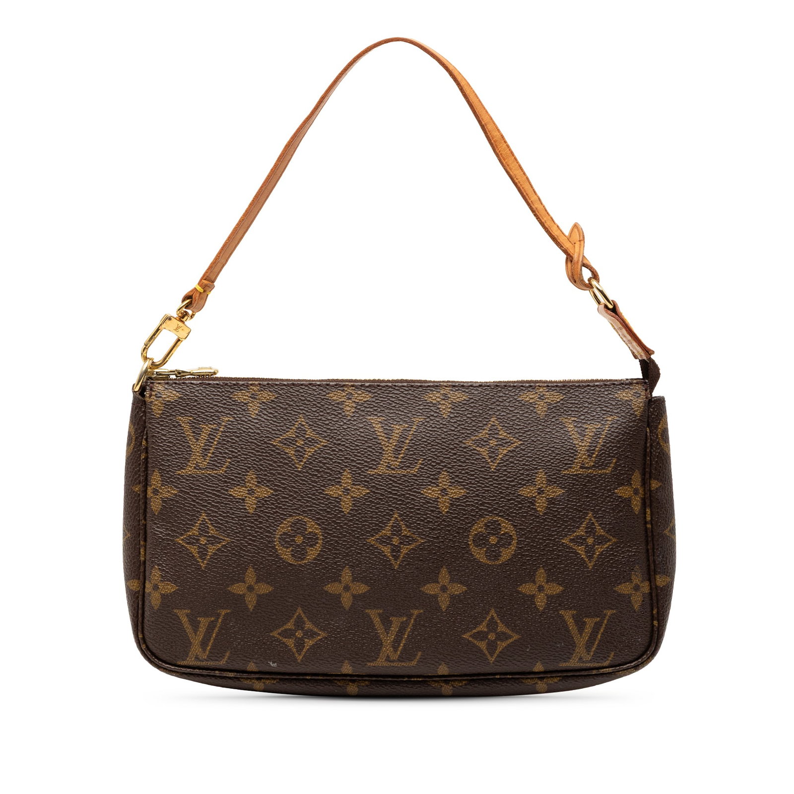 Louis Vuitton Monogram Canvas Pochette Accessoires Bag with Leather Handle: Louis Vuitton Monogram Canvas Pochette Accessoires Bag with Leather Handle This Louis Vuitton Monogram Pochette Accessoires features a monogram canvas body, a flat vachetta leather handle, and a top z