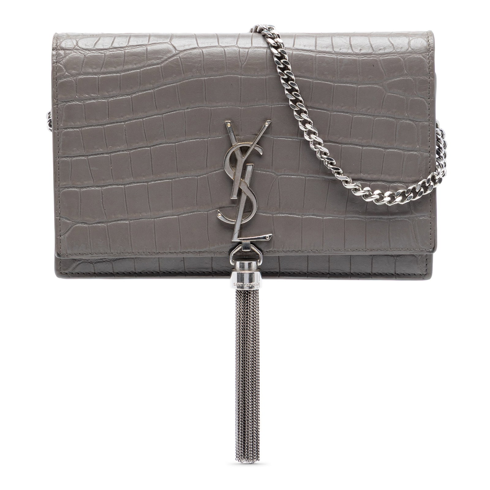 Saint Laurent Kate Chain Wallet Croc Embossed Leather with Tassel Gray (1 of 7)