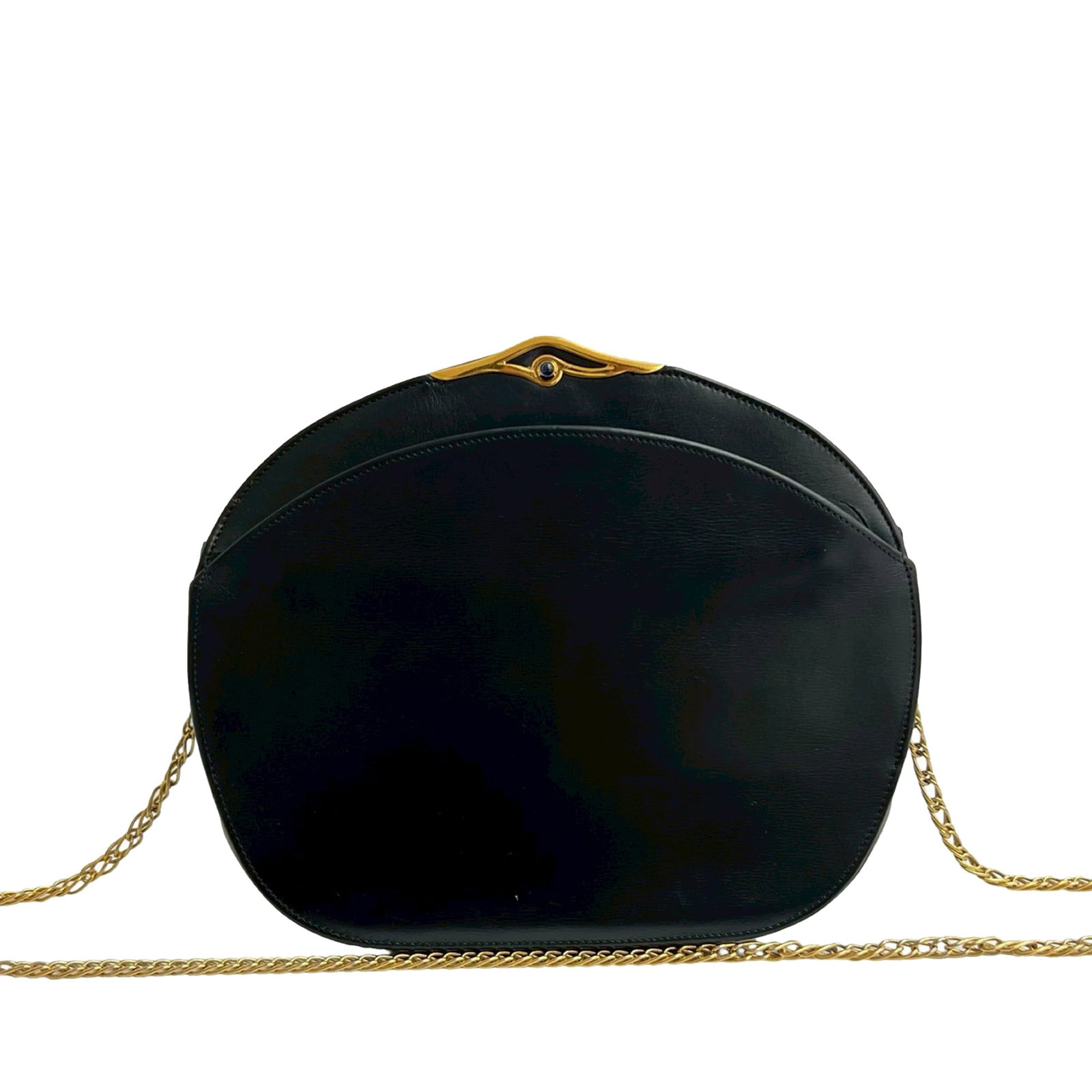 Black Leather Sapphire Chain Crossbody Bag by Cartier: Black Leather Sapphire Chain Crossbody Bag by Cartier This Cartier crossbody bag features a black leather body with chain link straps and a top snap closure. It includes exterior and interior slip poc
