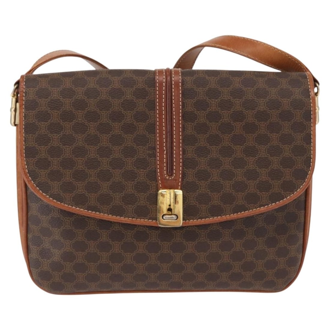 Vintage Celine Macadam Canvas Shoulder Bag Brown 24cm by 19cm: Vintage Celine Macadam Canvas Shoulder Bag Brown 24cm by 19cm This vintage Celine Macadam shoulder bag features brown canvas construction with leather details, designed for female use. The bag present