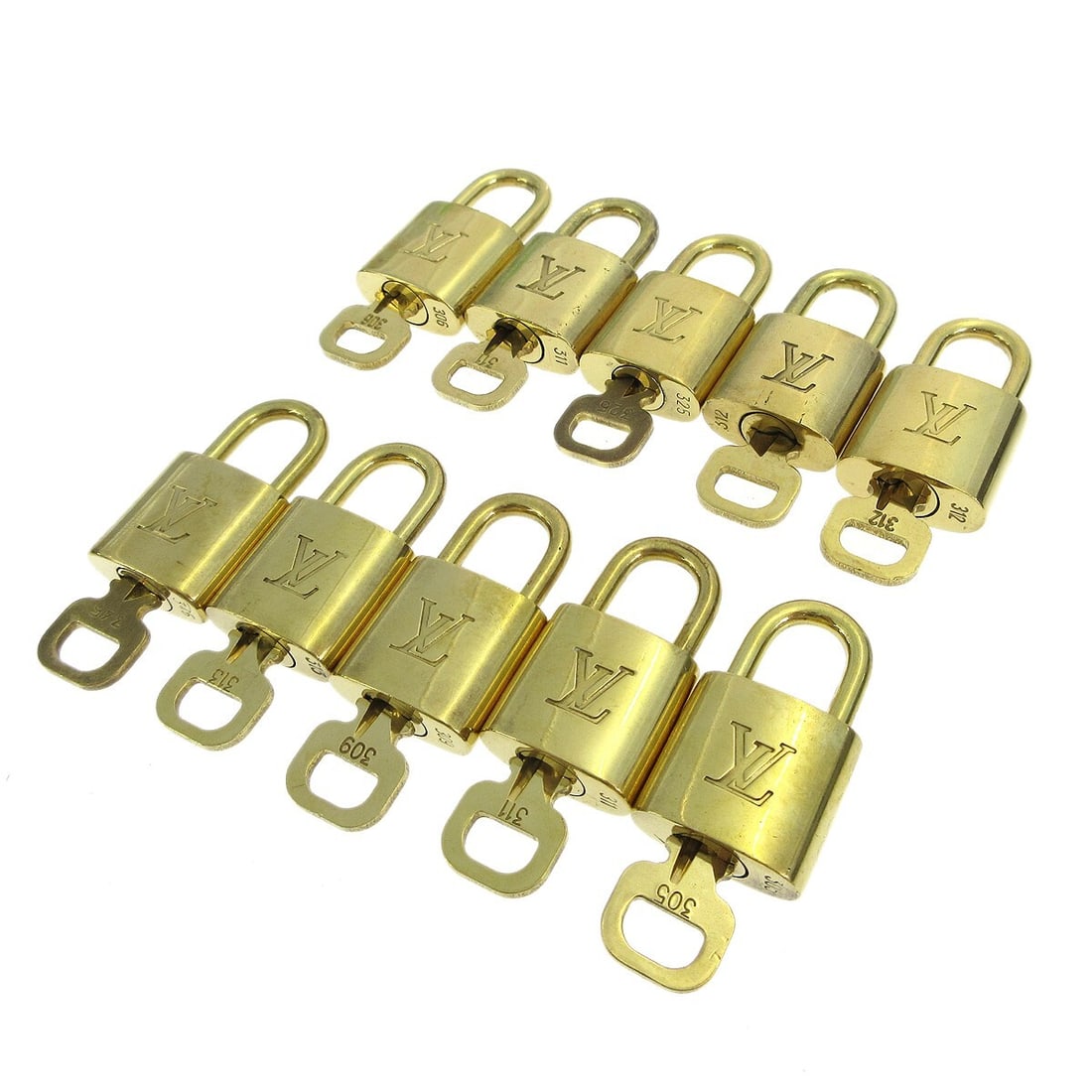 Set of 10 Gold Tone Padlock and Key Charms by Louis Vuitton: Set of 10 Gold Tone Padlock and Key Charms by Louis Vuitton This Louis Vuitton 10-piece bag accessory set includes padlocks and keys in a gold-tone finish. Designed for unisex use, these charms featur