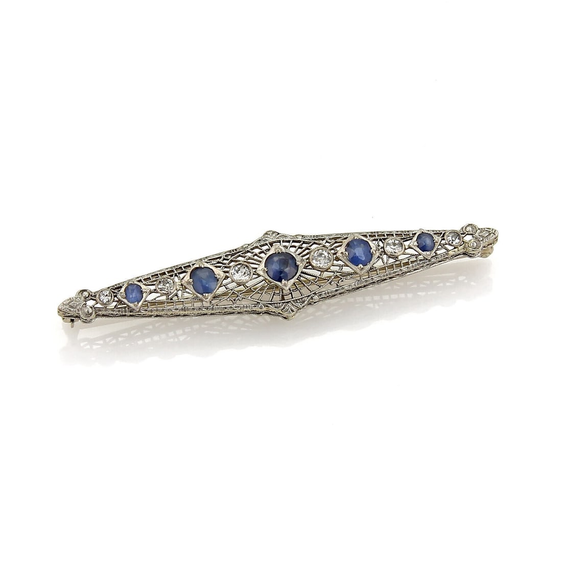 Vintage Art Deco 14k White Gold Filigree Sapphire Diamond Brooch: Vintage Art Deco 14k White Gold Filigree Sapphire Diamond Brooch This vintage Art Deco brooch showcases intricate filigree work in 14k white gold, beautifully accented with rose cut diamonds and sapph