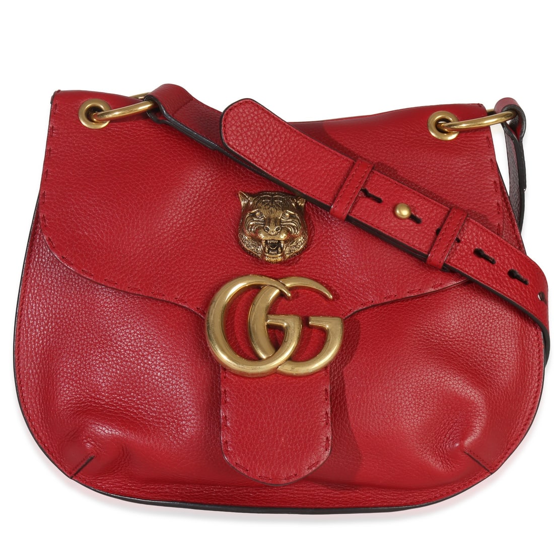 GG Marmont Flap Shoulder Bag Red Calfskin by Gucci: GG Marmont Flap Shoulder Bag Red Calfskin by Gucci This Gucci GG Marmont Flap Shoulder Bag is crafted from red Cellarius calfskin leather and features gold-tone hardware. The bag has a push lock closu