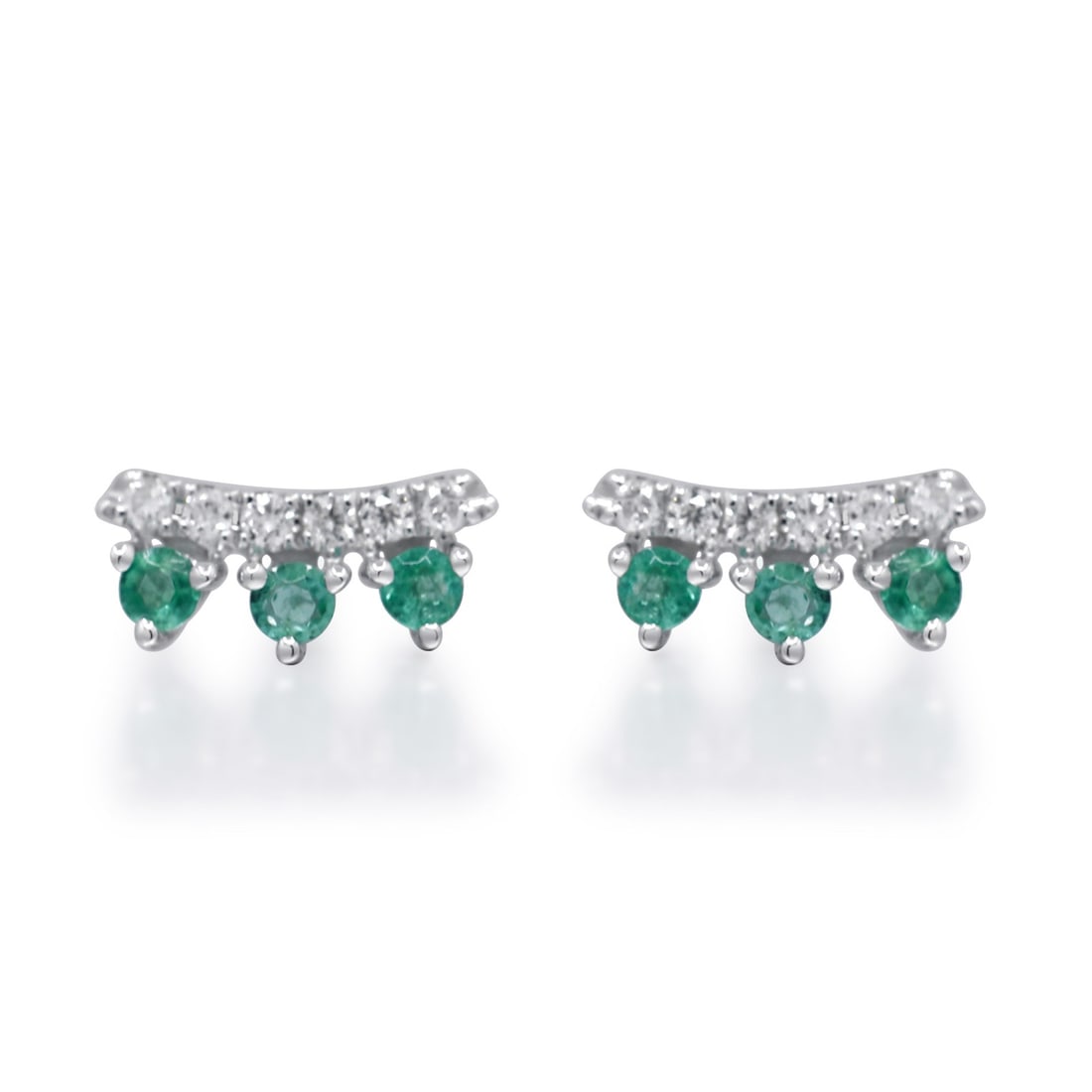 18K White Gold Bar Earrings with Emerald and Diamond Accents: 18K White Gold Bar Earrings with Emerald and Diamond Accents These elegant bar earrings are crafted in 18K white gold and feature round brilliant emeralds as the main stones, complemented by diamond s