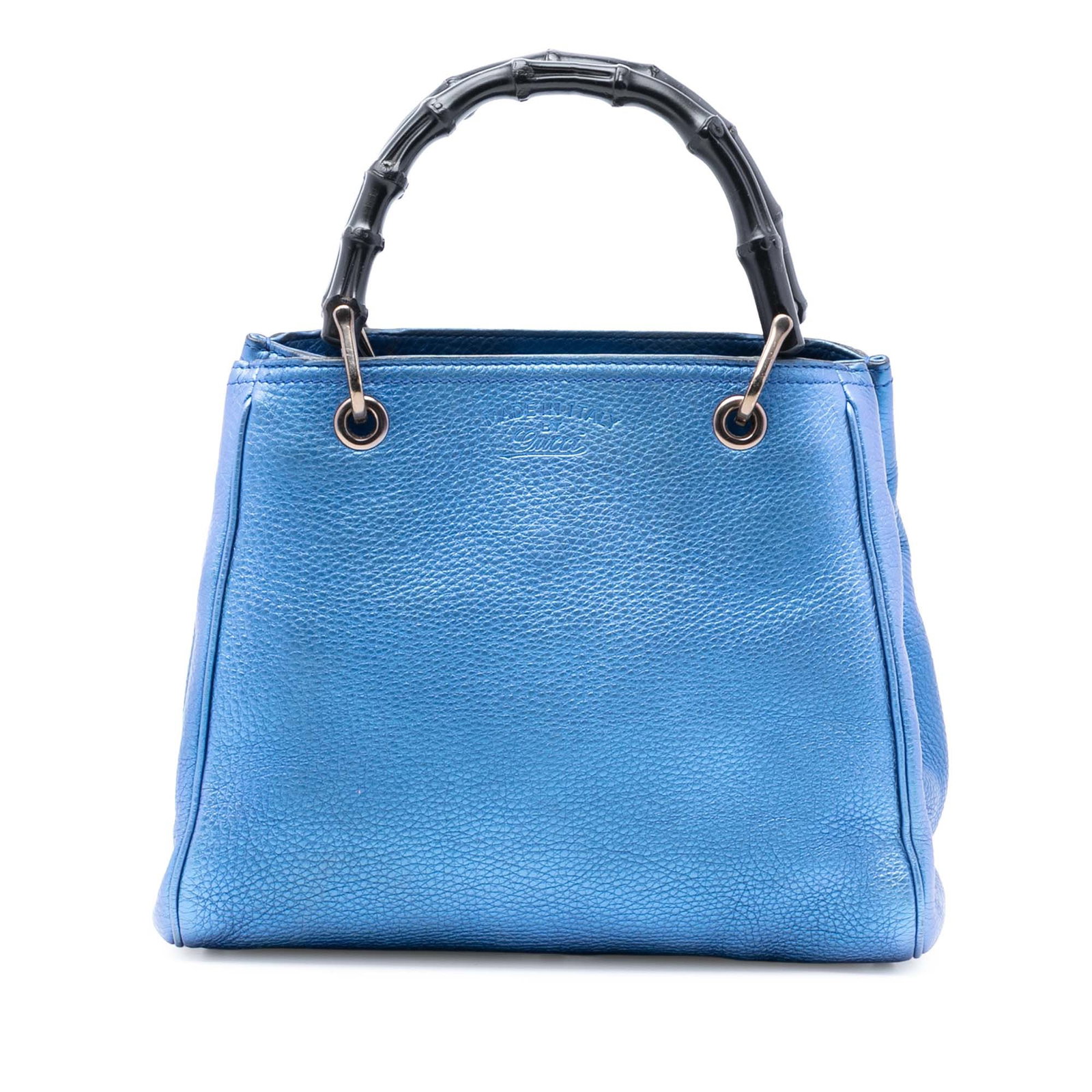 Gucci Bamboo Shopper Small Blue Metallic Leather Satchel with Top Handles: Gucci Bamboo Shopper Small Blue Metallic Leather Satchel with Top Handles This Gucci Small Metallic Calfskin Bamboo Shopper Satchel features a metallic leather body with bamboo top handles, an open to
