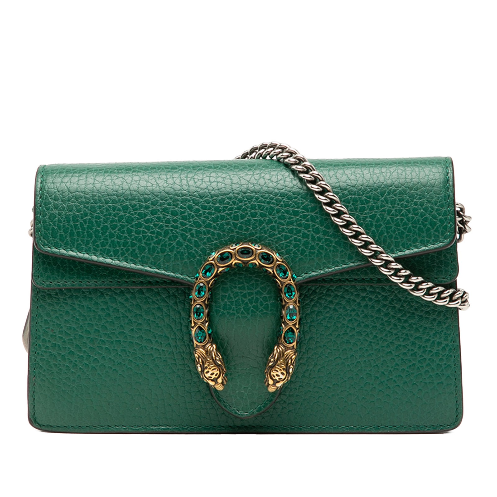 Gucci Dionysus Mini Green Leather Crossbody Bag with Silver Chain Strap: Gucci Dionysus Mini Green Leather Crossbody Bag with Silver Chain Strap This Gucci Mini Leather Dionysus Crossbody Bag features a green leather body with a silver-tone curb chain link strap and a fron