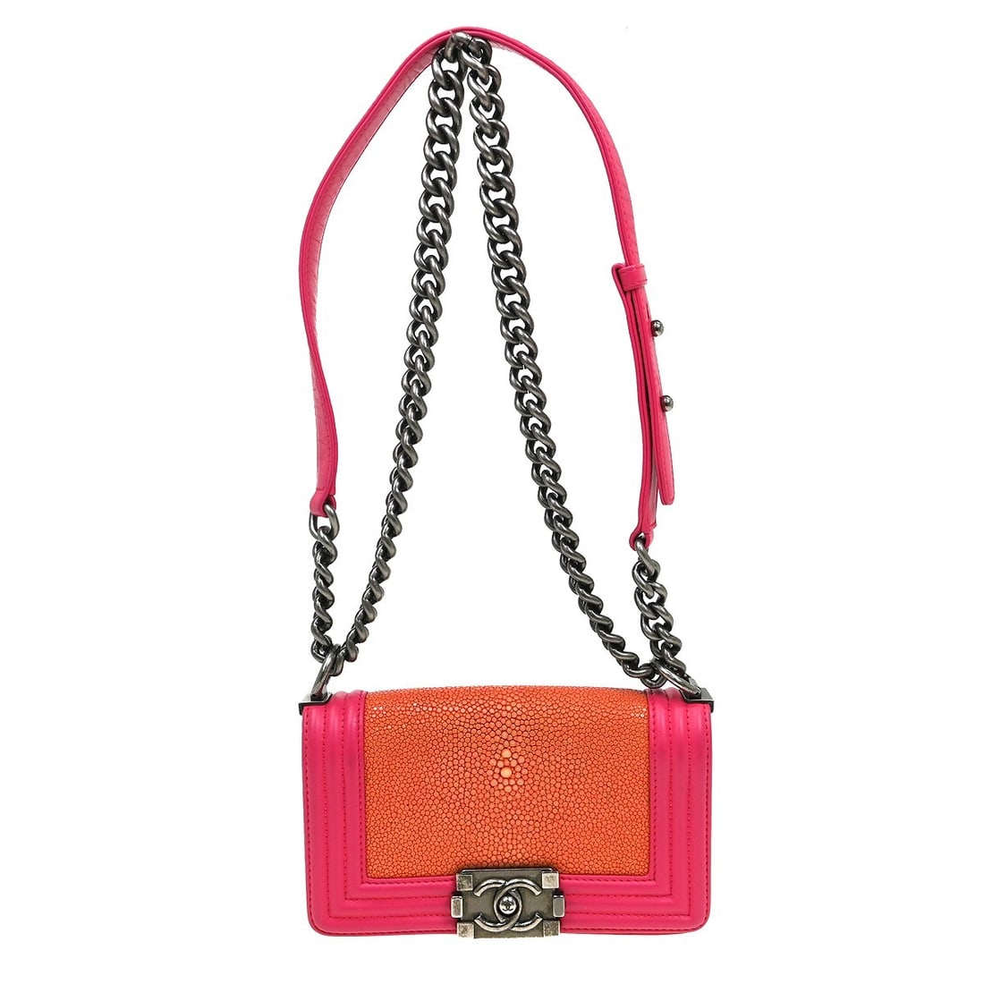 CHANEL Boy Pink Calfskin Mini Chain Strap Shoulder Bag: CHANEL Boy Pink Calfskin Mini Chain Strap Shoulder Bag This Boy Chanel Small Chain Shoulder Bag features a pink leather exterior and a mini size, making it a stylish and compact accessory. The bag inc