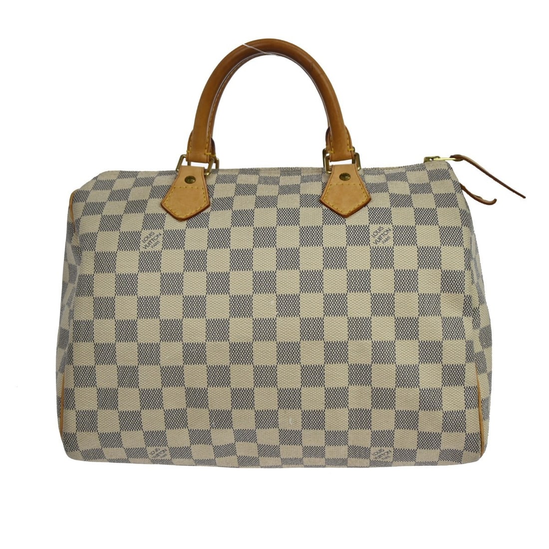 Louis Vuitton Speedy 30 Damier Azur Canvas Satchel N41533: Louis Vuitton Speedy 30 Damier Azur Canvas Satchel N41533 This Louis Vuitton Speedy 30 handbag features the iconic Damier Azur canvas with leather trim and double beige leather handles. The bag has a 