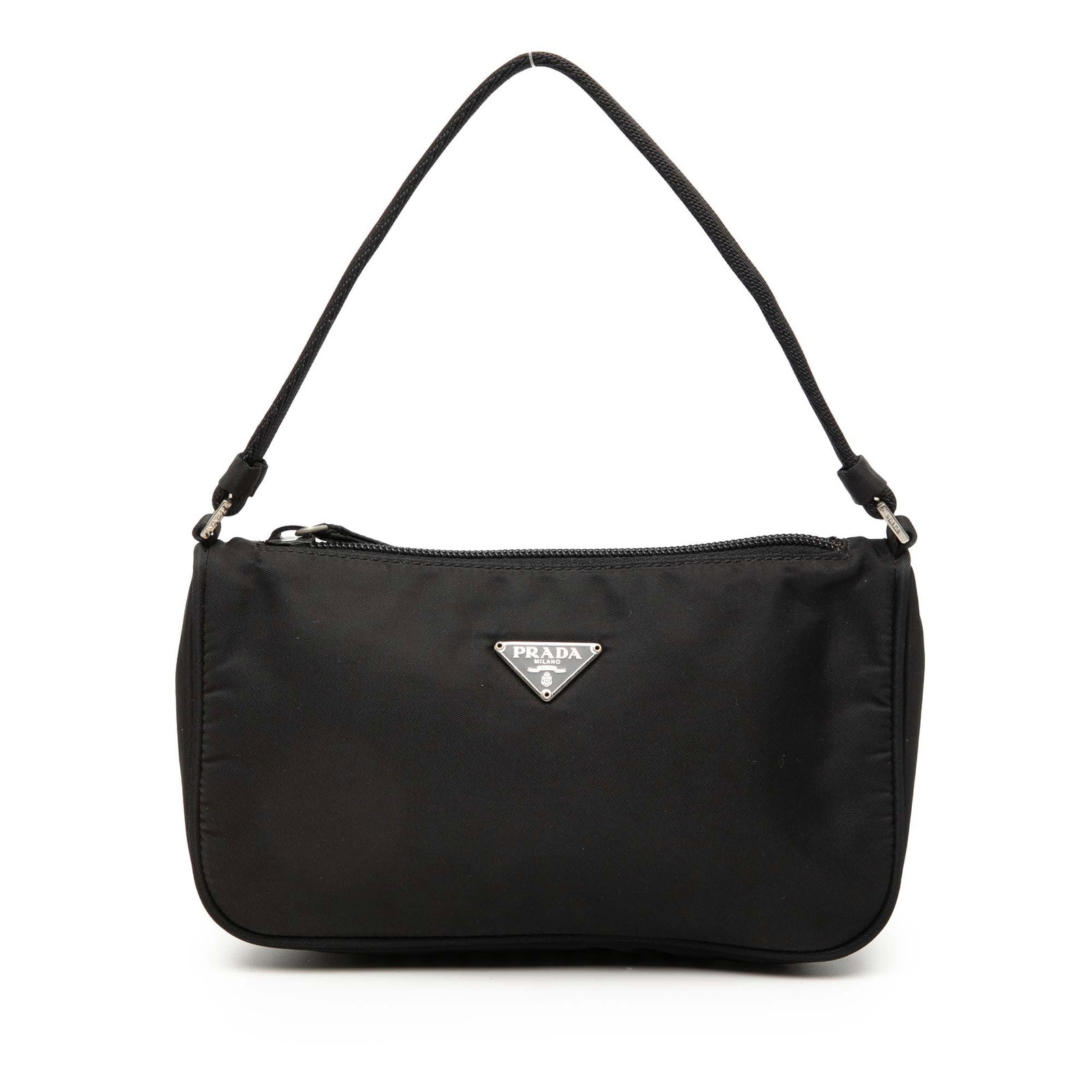 Black Tessuto Nylon Shoulder Purse by Prada Italy: Black Tessuto Nylon Shoulder Purse by Prada Italy This Prada Tessuto Shoulder Bag features a black nylon body with a flat strap and a top zip closure. The bag includes fabric material and showcases a 