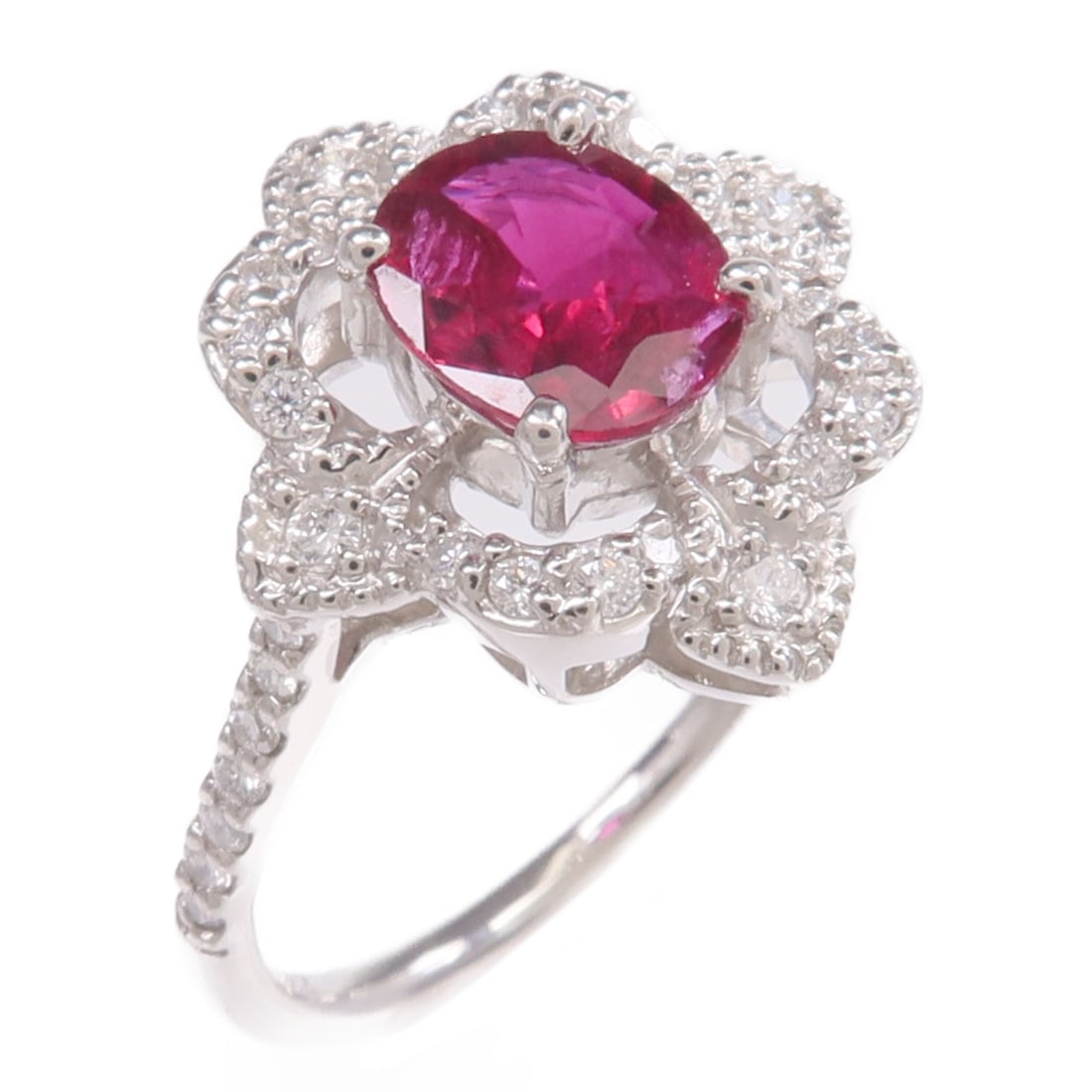 Ruby and Diamond Platinum Ring in US Size 6.75: Ruby and Diamond Platinum Ring in US Size 6.75 This women's ring features a vibrant red ruby as the main stone, set in PT900 platinum. Designed in a classic style, the ring is sized at US 6.75 and off