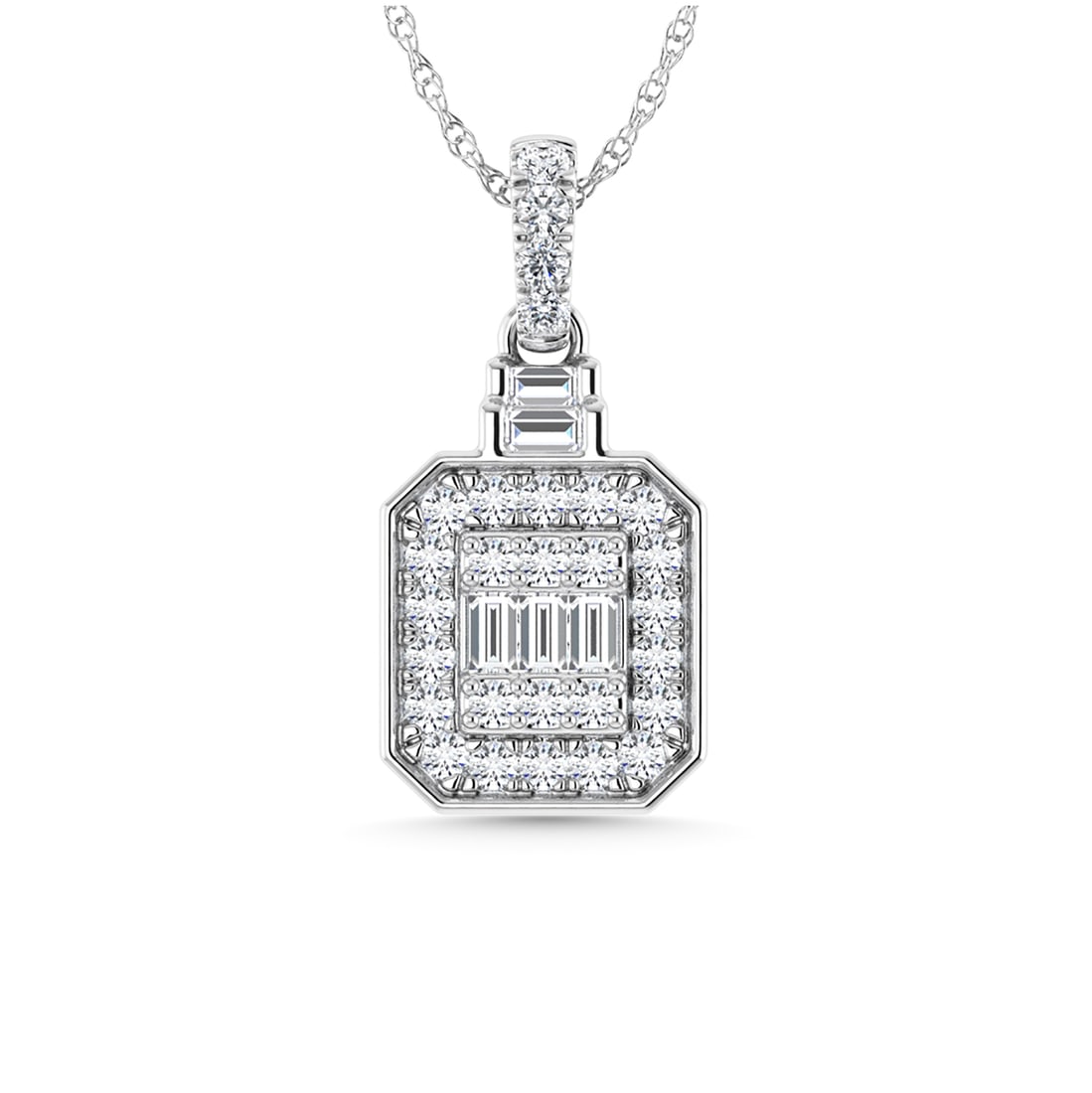 Diamond 1/3 Ct.Tw. Fashion Pendant in 14K White Gold: Diamond 1/3 Ct.Tw. Fashion Pendant in 14K White Gold 14k White Gold Stone Color: G-h Stone Clarity: Si2 Unless otherwise specified, pendants that include a chain are paired with our standard 18-inch l