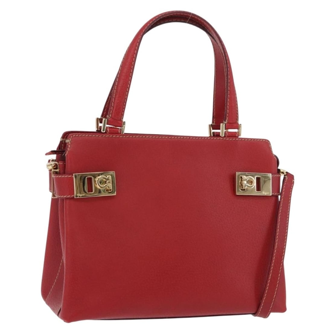 Salvatore Ferragamo Red Leather Gancini 2way Handbag with Strap: Salvatore Ferragamo Red Leather Gancini 2way Handbag with Strap This Salvatore Ferragamo Gancini handbag is crafted from high-quality leather in a striking red and gold color combination. Designed for