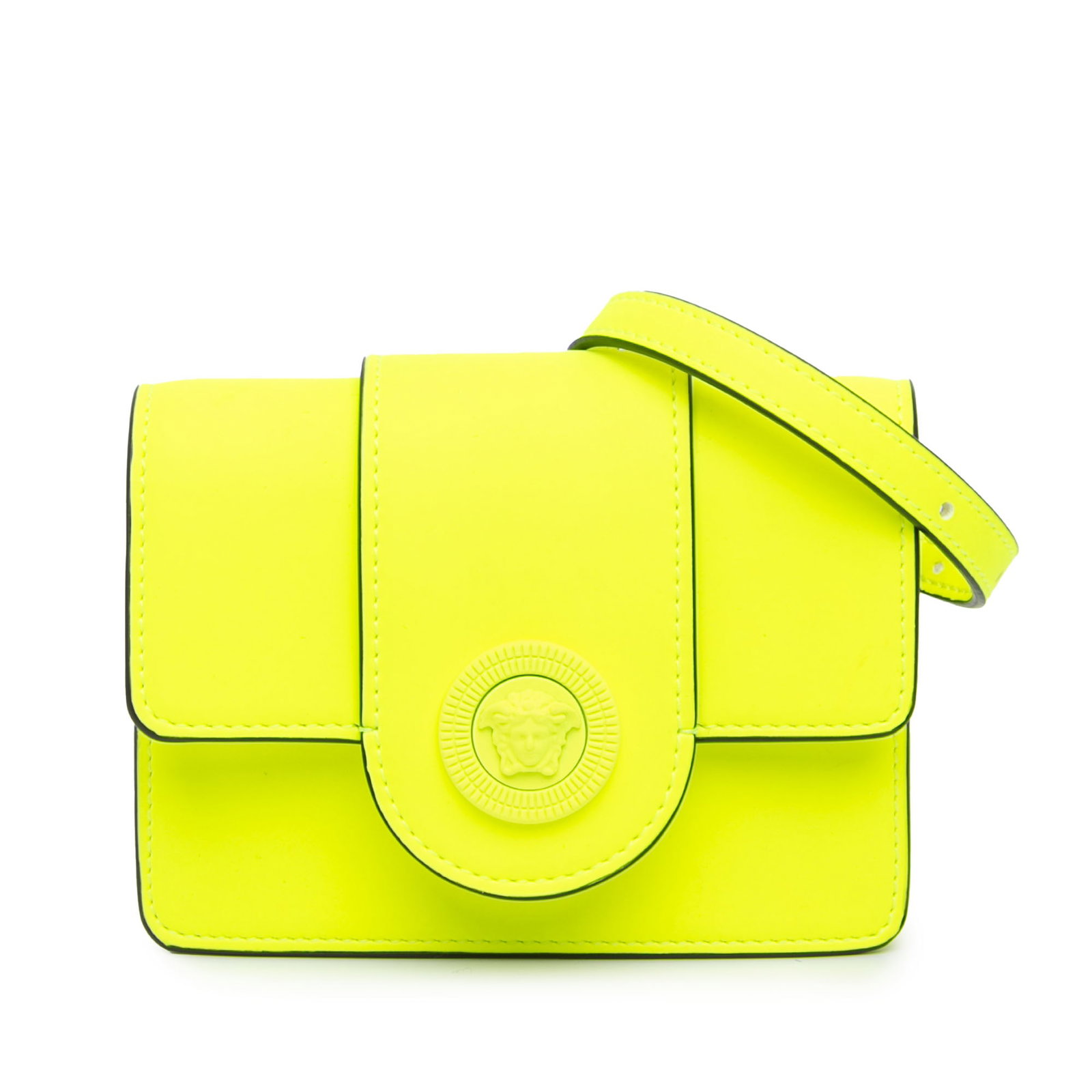 Versace Yellow Leather La Medusa Crossbody Bag with Dust Bag: Versace Yellow Leather La Medusa Crossbody Bag with Dust Bag This stylish Versace Leather La Medusa Crossbody bag showcases a vibrant yellow leather body, designed for both elegance and practicality. 