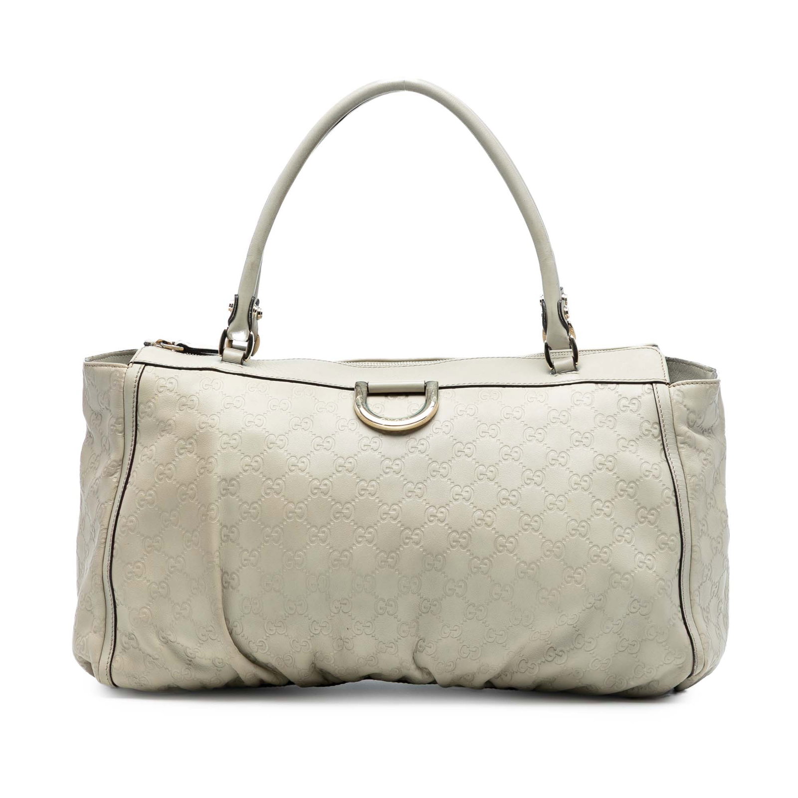 Gucci Guccissima Abbey D Ring White Leather Tote Bag: Gucci Guccissima Abbey D Ring White Leather Tote Bag The Guccissima Abbey D Ring Tote is a sophisticated accessory featuring an embossed leather body, elegantly rolled leather handles, and a secure to
