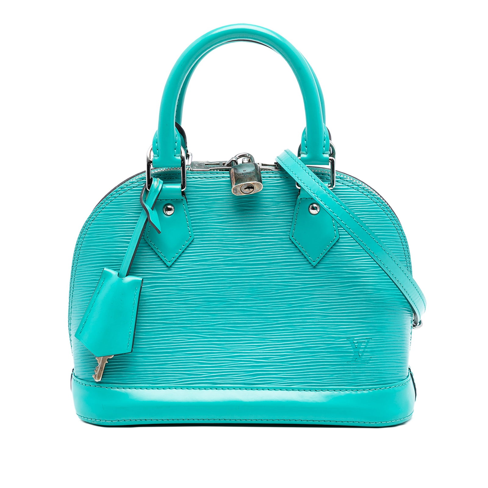 Louis Vuitton Epi Leather Alma BB Blue Top Handle Bag with Strap: Louis Vuitton Epi Leather Alma BB Blue Top Handle Bag with Strap This Louis Vuitton Epi Alma BB features a structured silhouette crafted from blue epi leather, complemented by rolled leather handles a