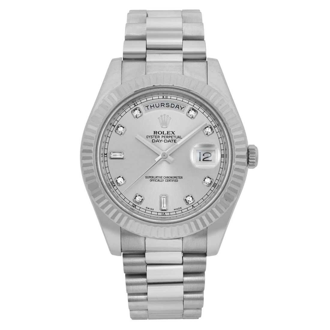 Rolex Day-Date President 18K White Gold Diamond Dial Watch 218239: Rolex Day-Date President 18K White Gold Diamond Dial Watch 218239 Experience the epitome of luxury with the Rolex Day-Date President wristwatch, meticulously crafted from 18K white gold. This exquisit