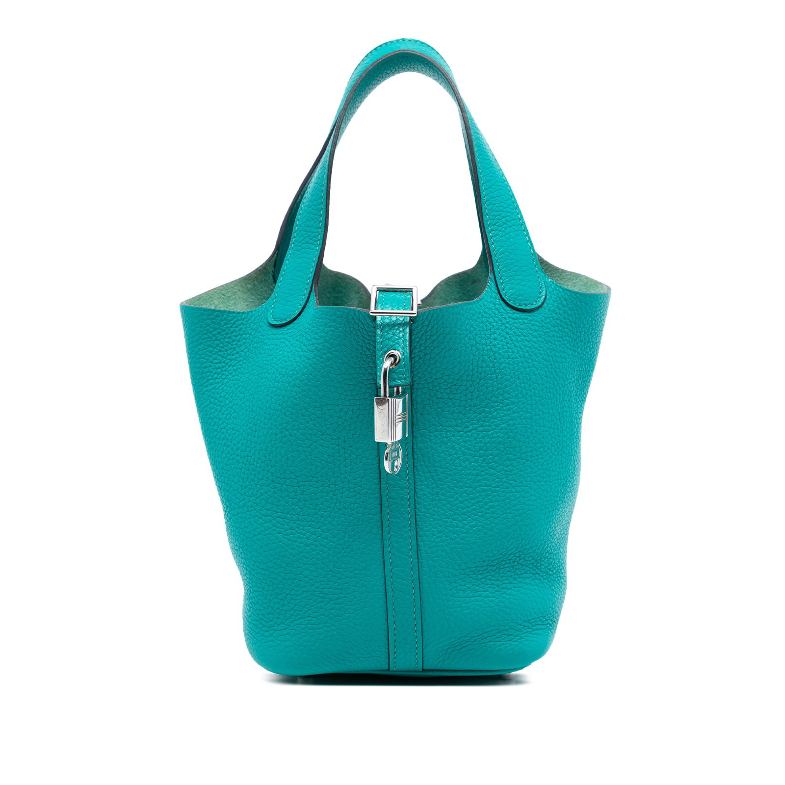 Hermes Picotin Lock 18 Clemence Leather Bag Vert Verone: Hermes Picotin Lock 18 Clemence Leather Bag Vert Verone The Hermes Clemence Picotin Lock 18 is crafted from Vert Verone Clemence leather and features flat leather handles with a top flat strap and buc
